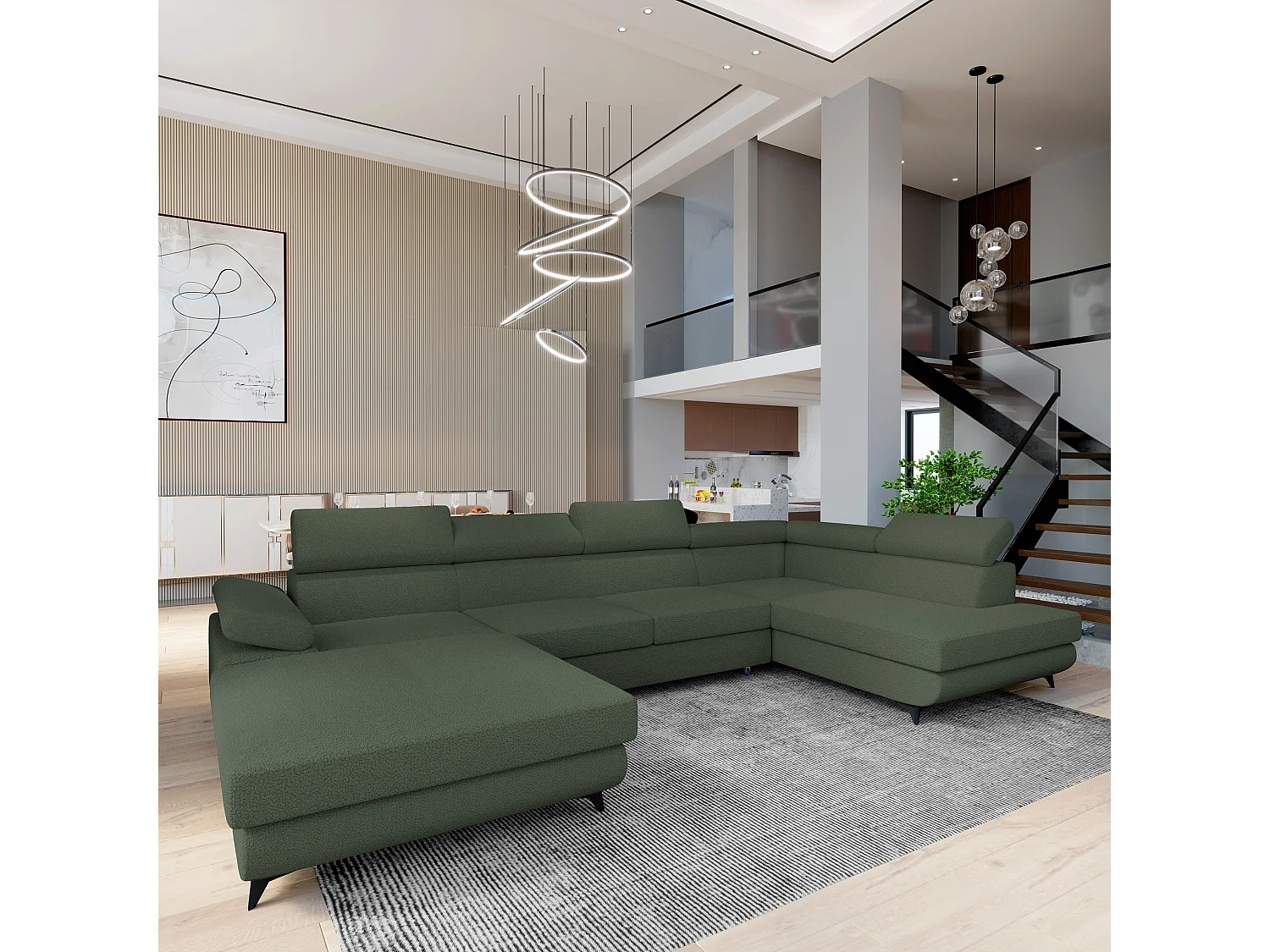 Canapé D'angle Rubano Vert En Bouclé Avec Fonction De Couchage