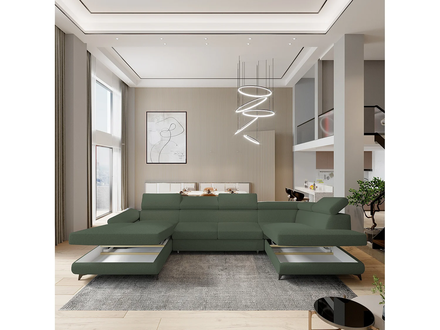 Canapé D'angle Rubano Vert En Bouclé Avec Fonction De Couchage