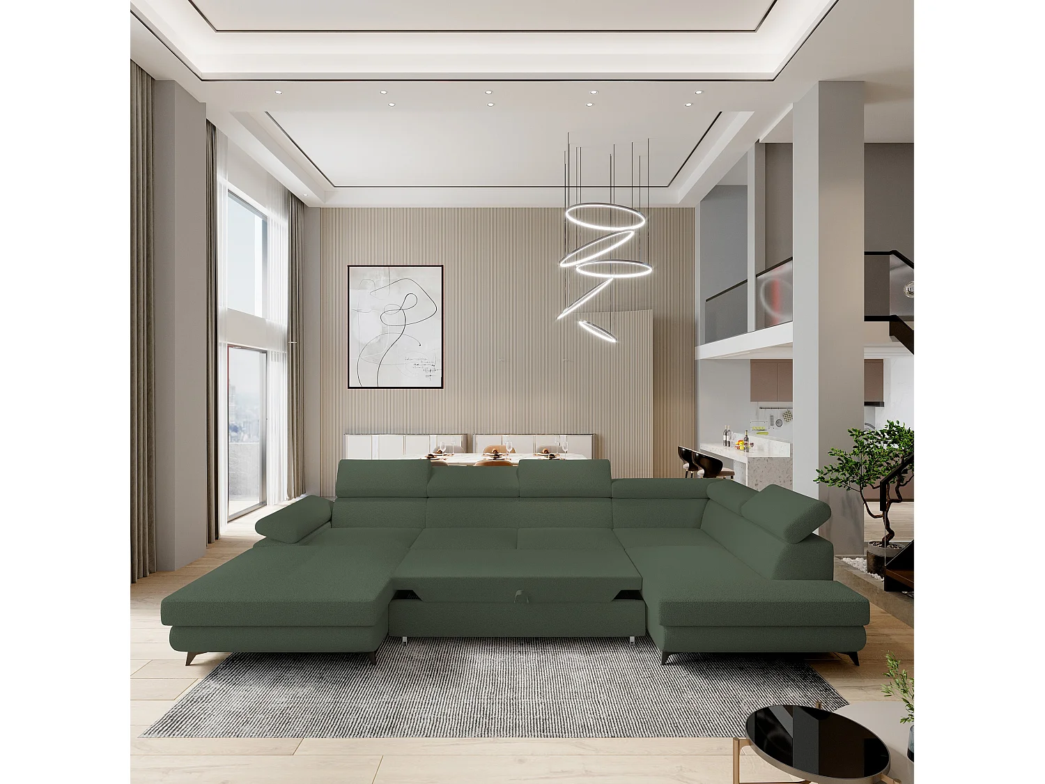 Canapé D'angle Rubano Vert En Bouclé Avec Fonction De Couchage