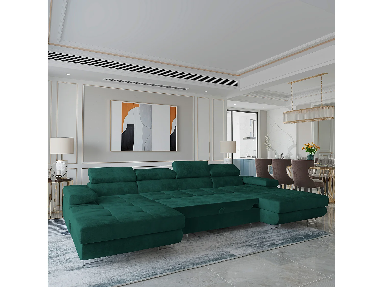 Canapé d'angle LYKKE Vert en velours avec fonction de couchage