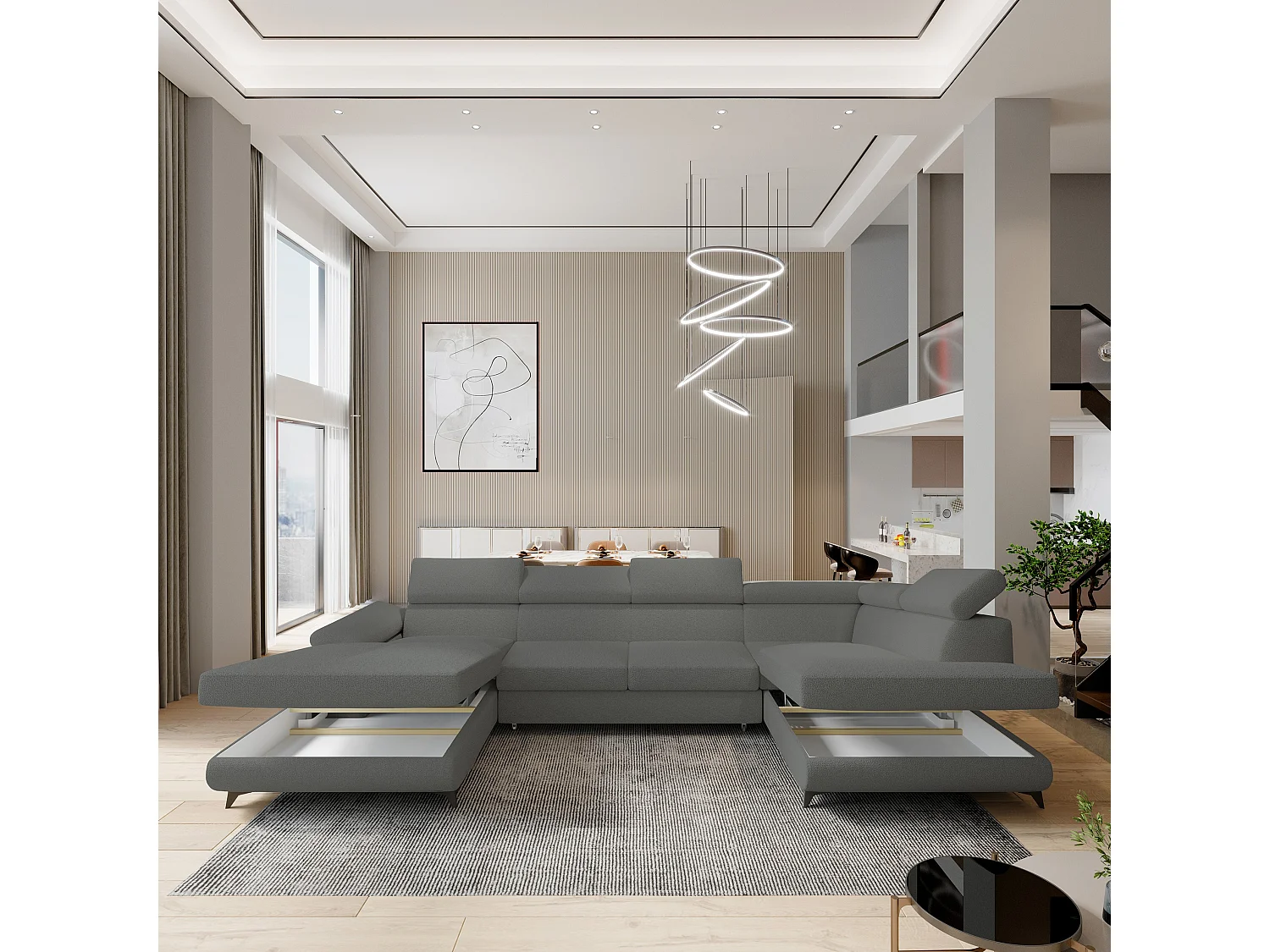 Canapé D'angle Rubano Gris En Bouclé Avec Fonction De Couchage