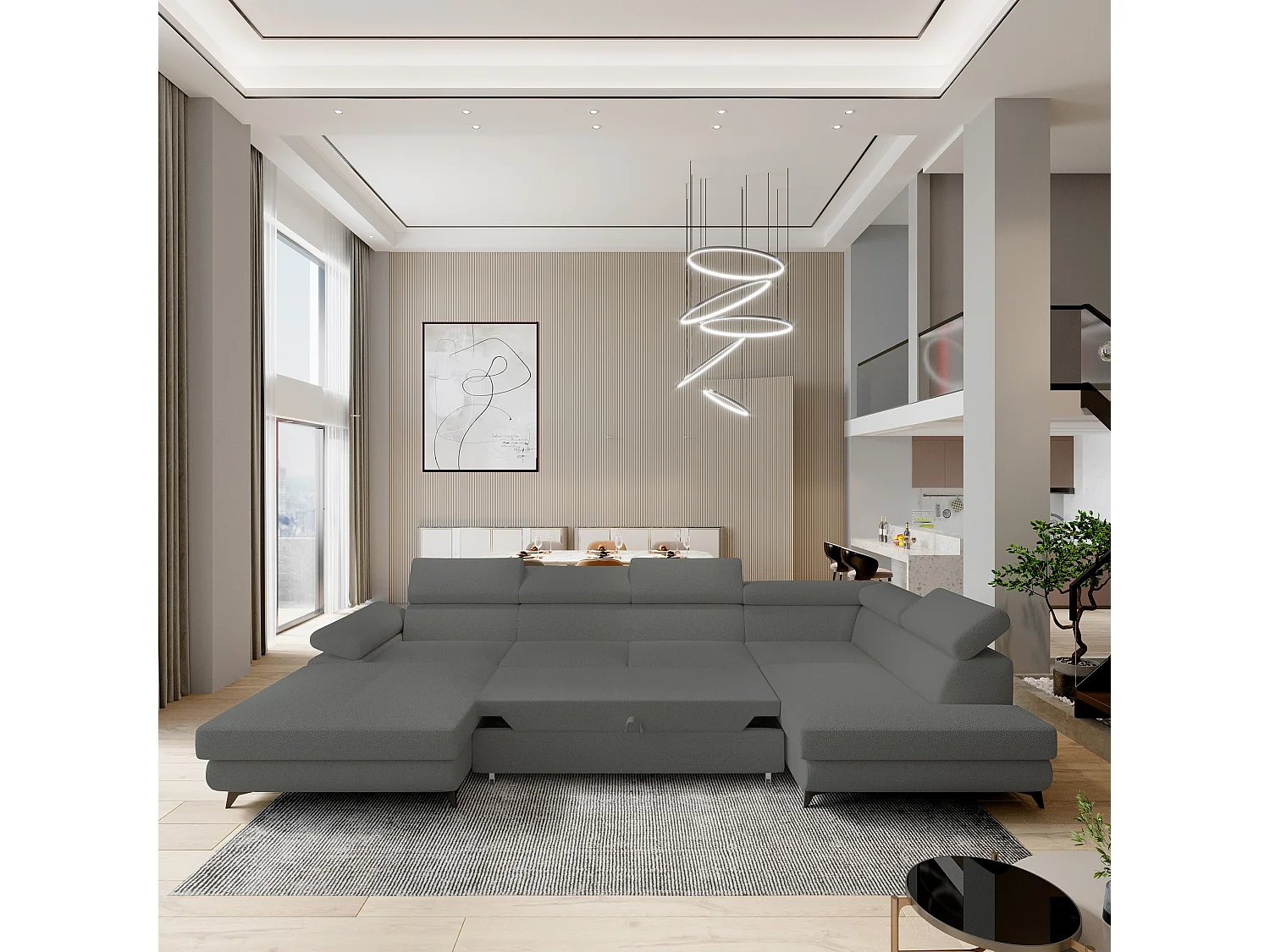 Canapé D'angle Rubano Gris En Bouclé Avec Fonction De Couchage