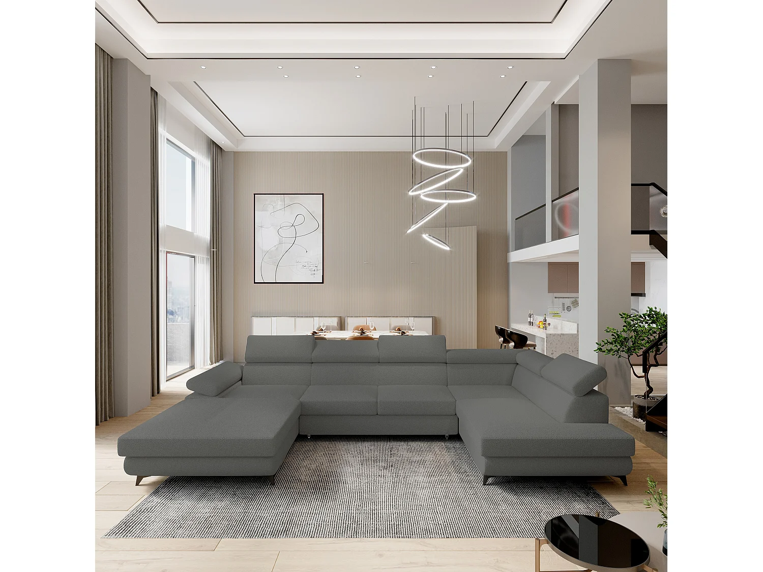 Canapé D'angle Rubano Gris En Bouclé Avec Fonction De Couchage