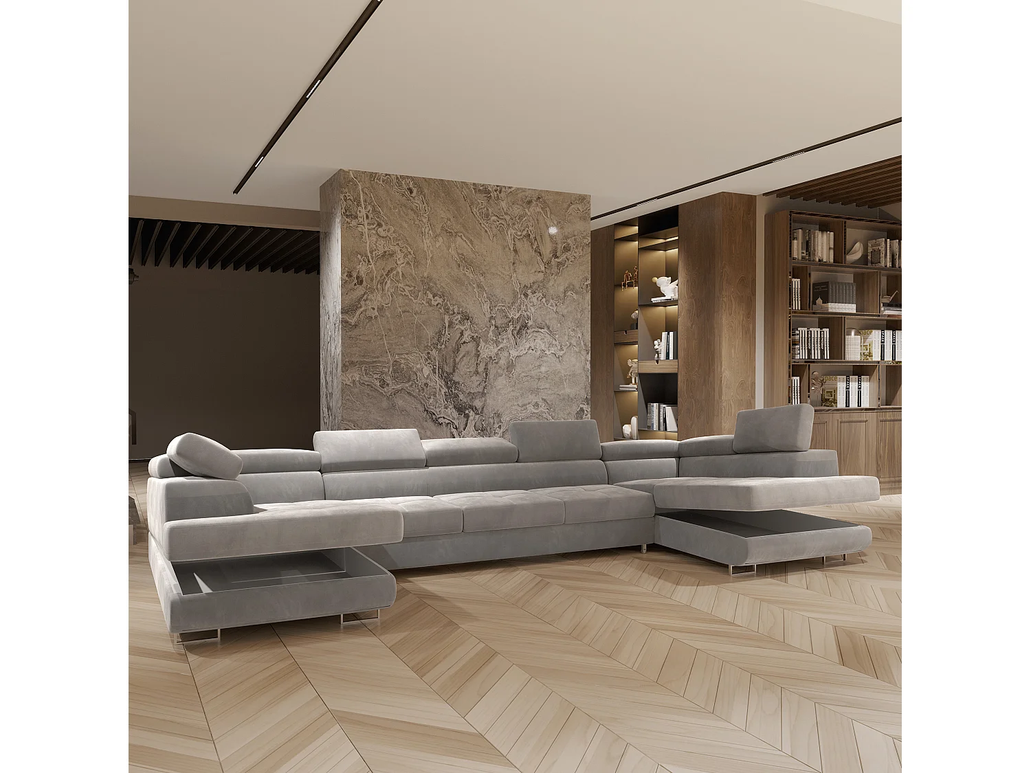 Canapé d'angle ISOLANO Gris clair en velours avec fonction de couchage