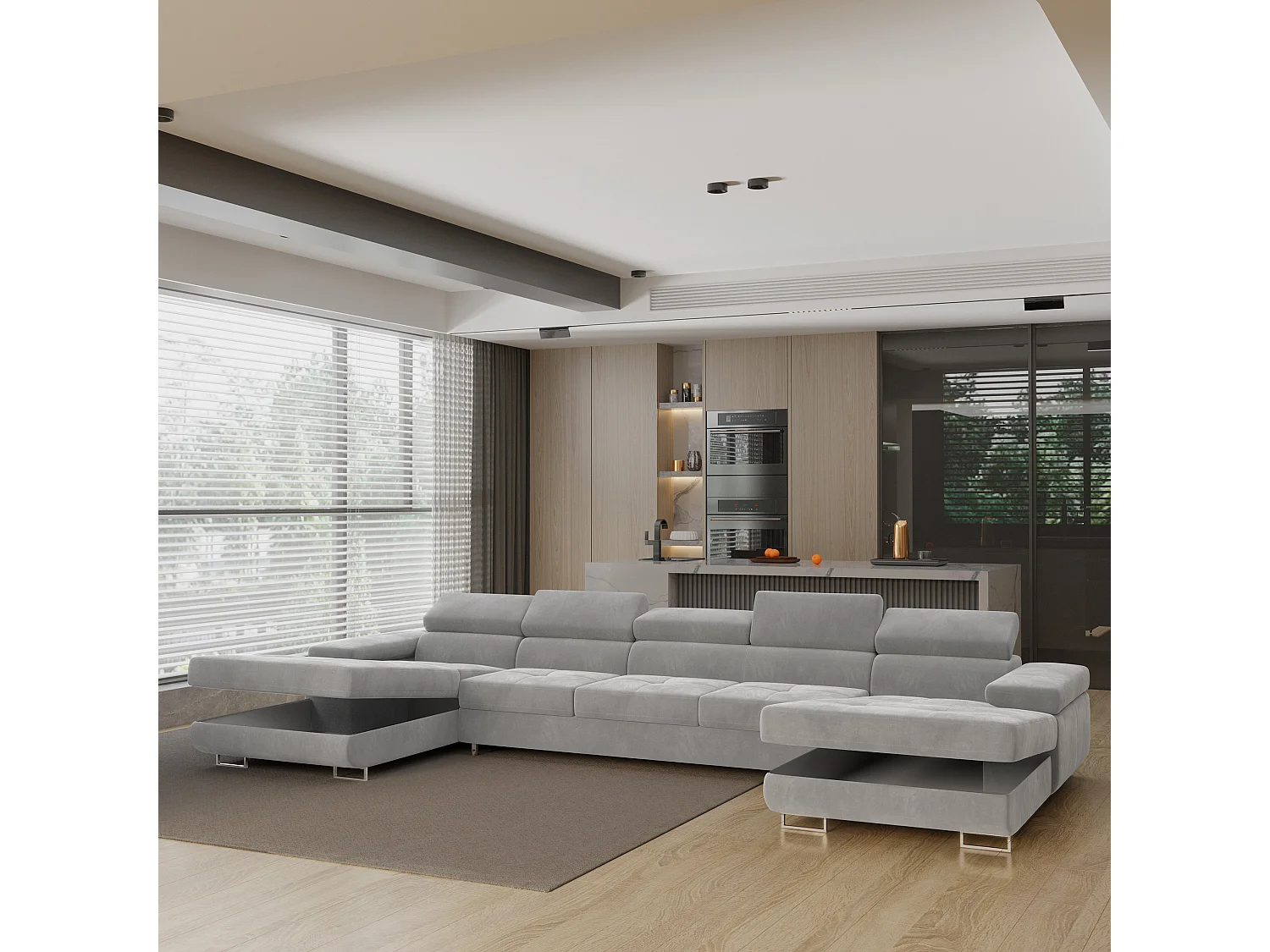 Canapé d'angle OMBRA Gris clair en velours avec fonction de couchage