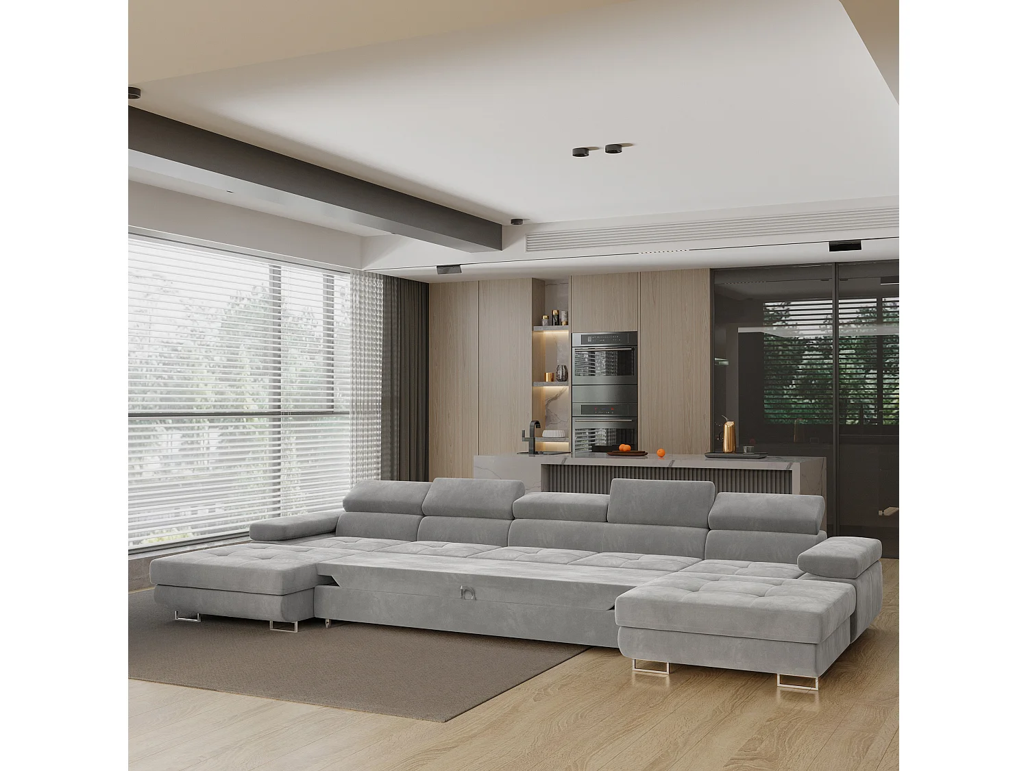 Canapé d'angle OMBRA Gris clair en velours avec fonction de couchage