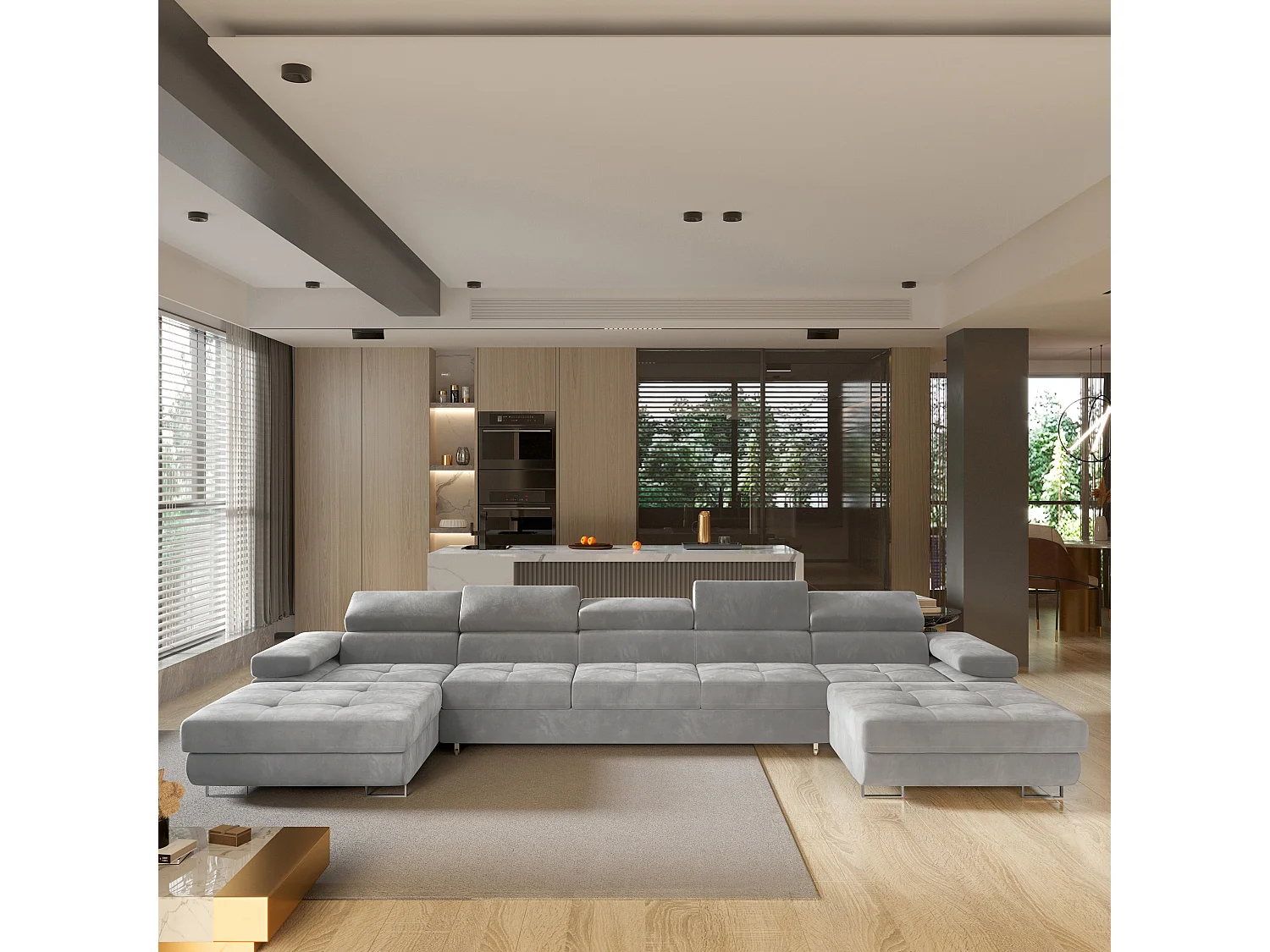 Canapé d'angle OMBRA Gris clair en velours avec fonction de couchage