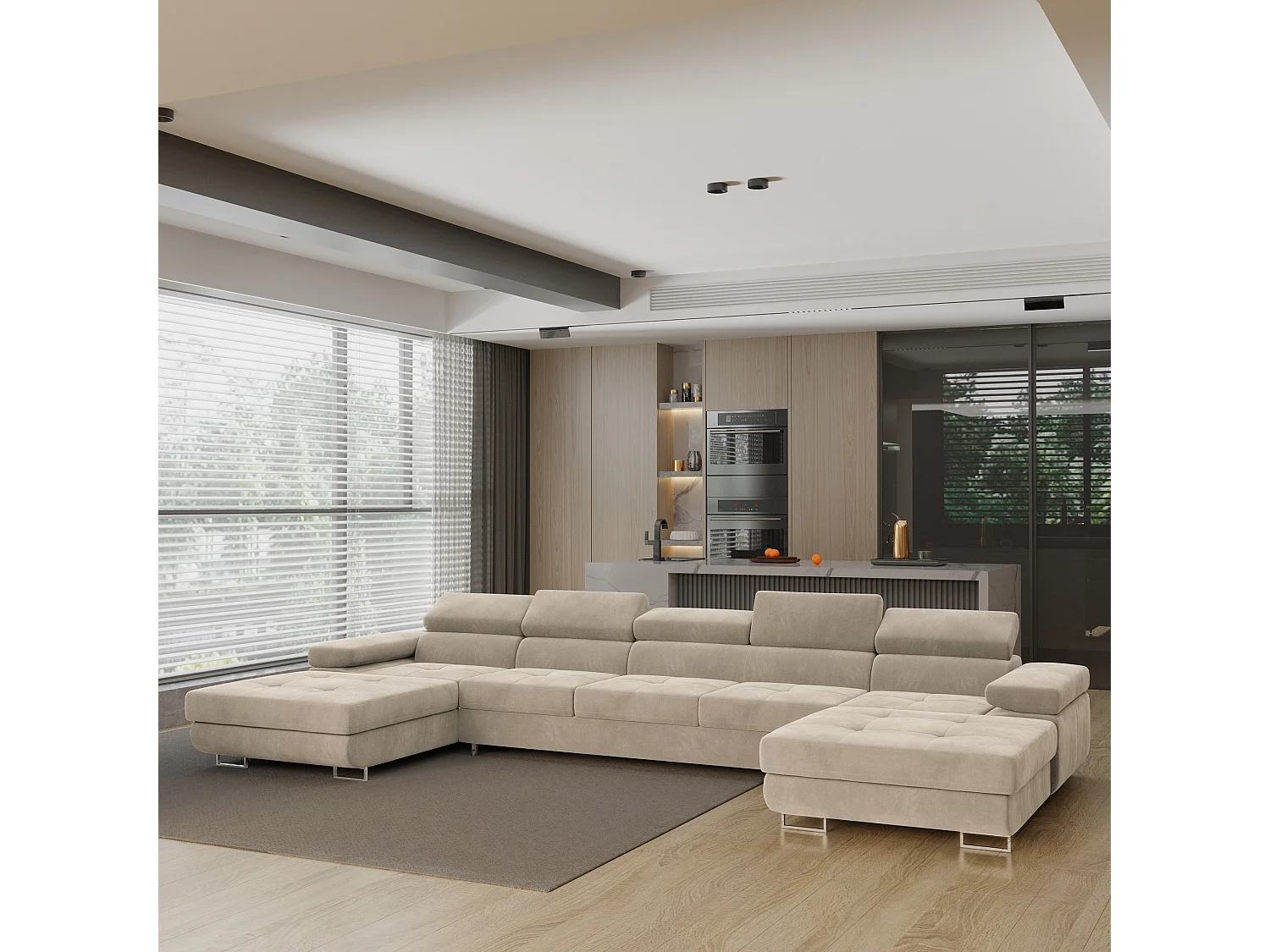 Canapé d'angle OMBRA Crème en velours avec fonction de couchage