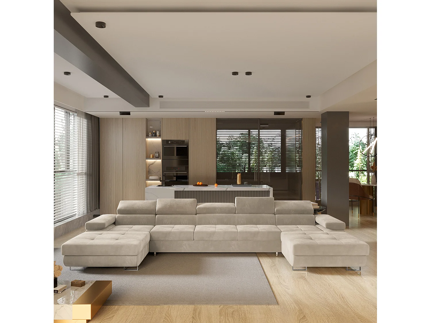 Canapé d'angle OMBRA Crème en velours avec fonction de couchage