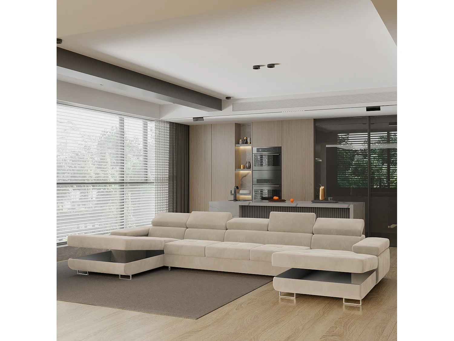 Grand canapé d'angle convertible 7 places en velours crème OMBRA