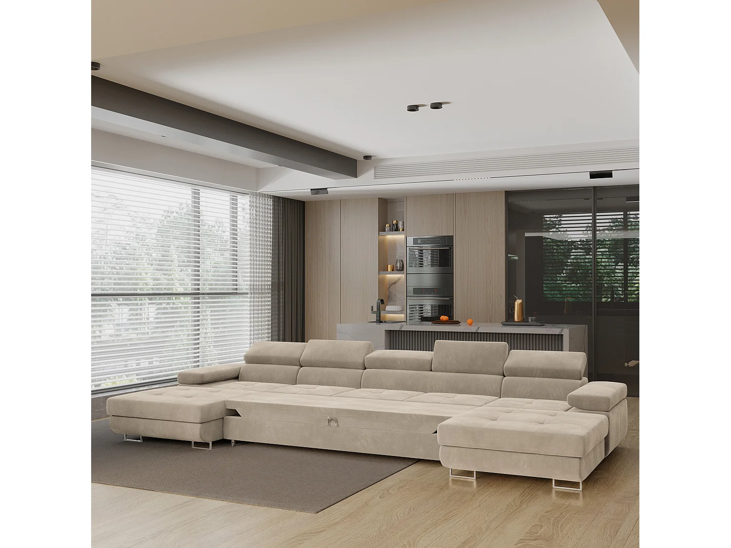 Grand canapé d'angle convertible 7 places en velours crème OMBRA