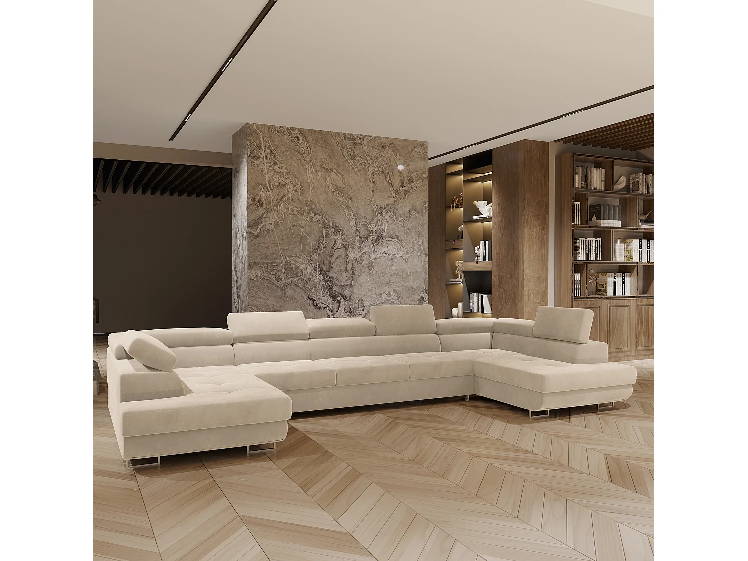 Canapé d'angle ISOLANO Crème en velours avec fonction de couchage