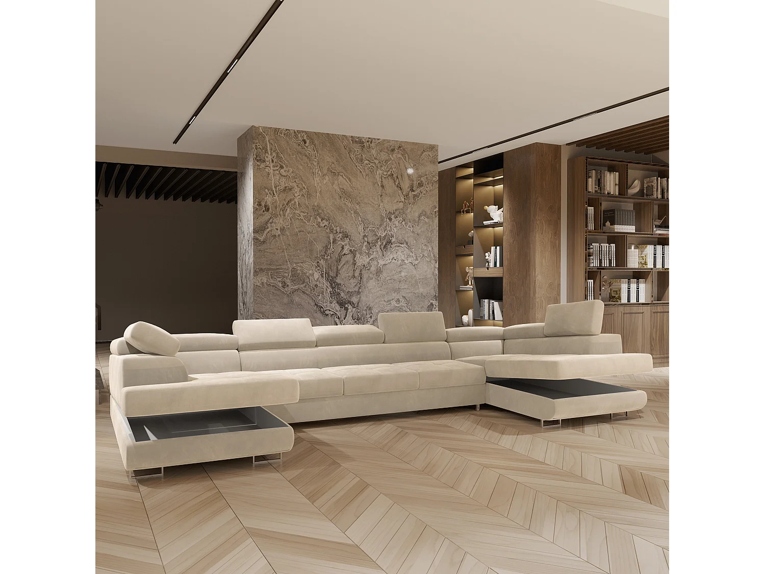 Canapé d'angle ISOLANO Crème en velours avec fonction de couchage