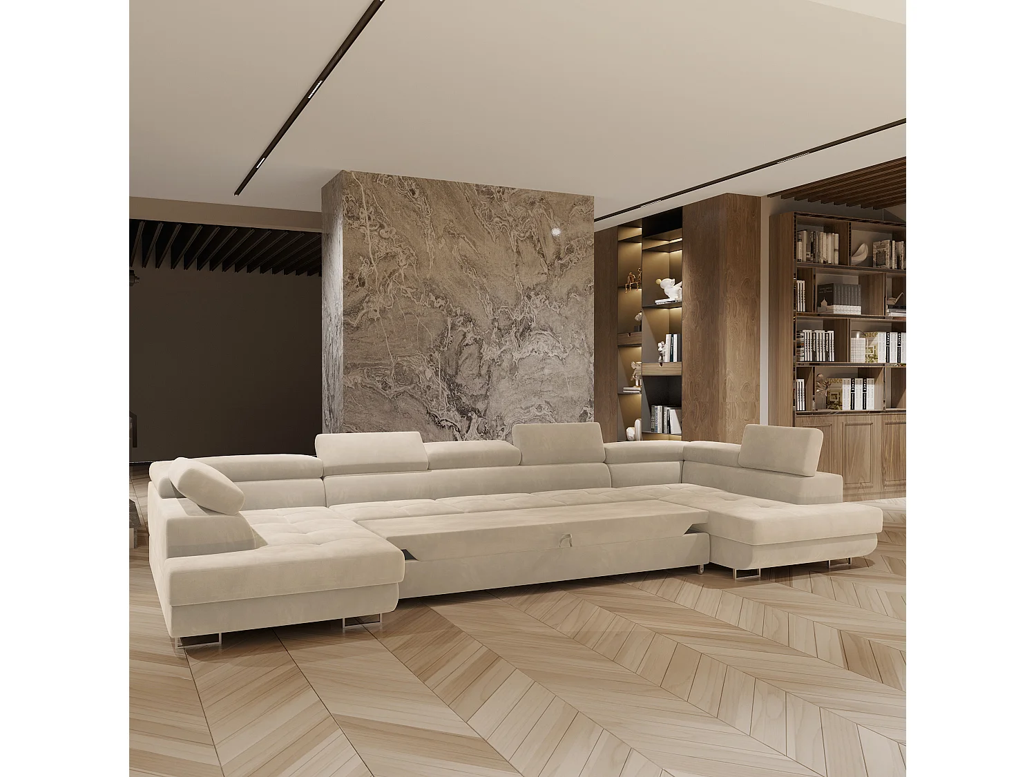 Canapé d'angle ISOLANO Crème en velours avec fonction de couchage