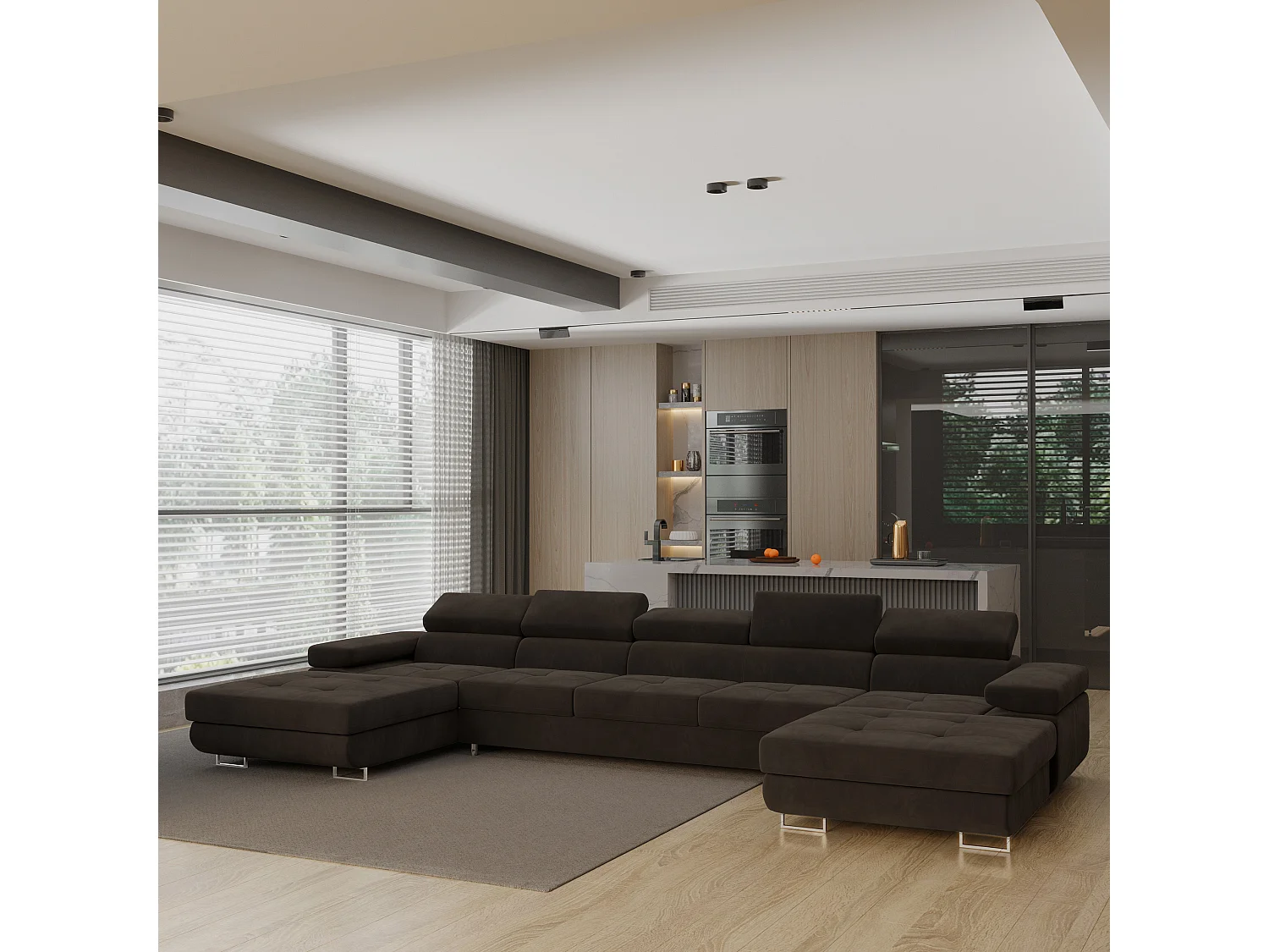 Canapé d'angle OMBRA Marron en velours avec fonction de couchage