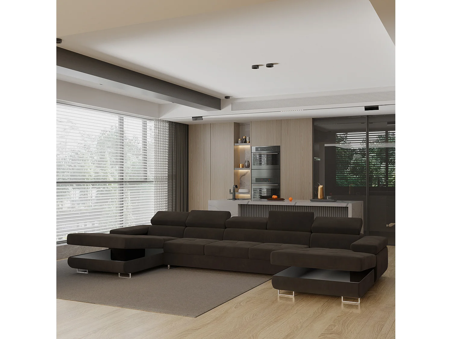 Canapé d'angle OMBRA Marron en velours avec fonction de couchage