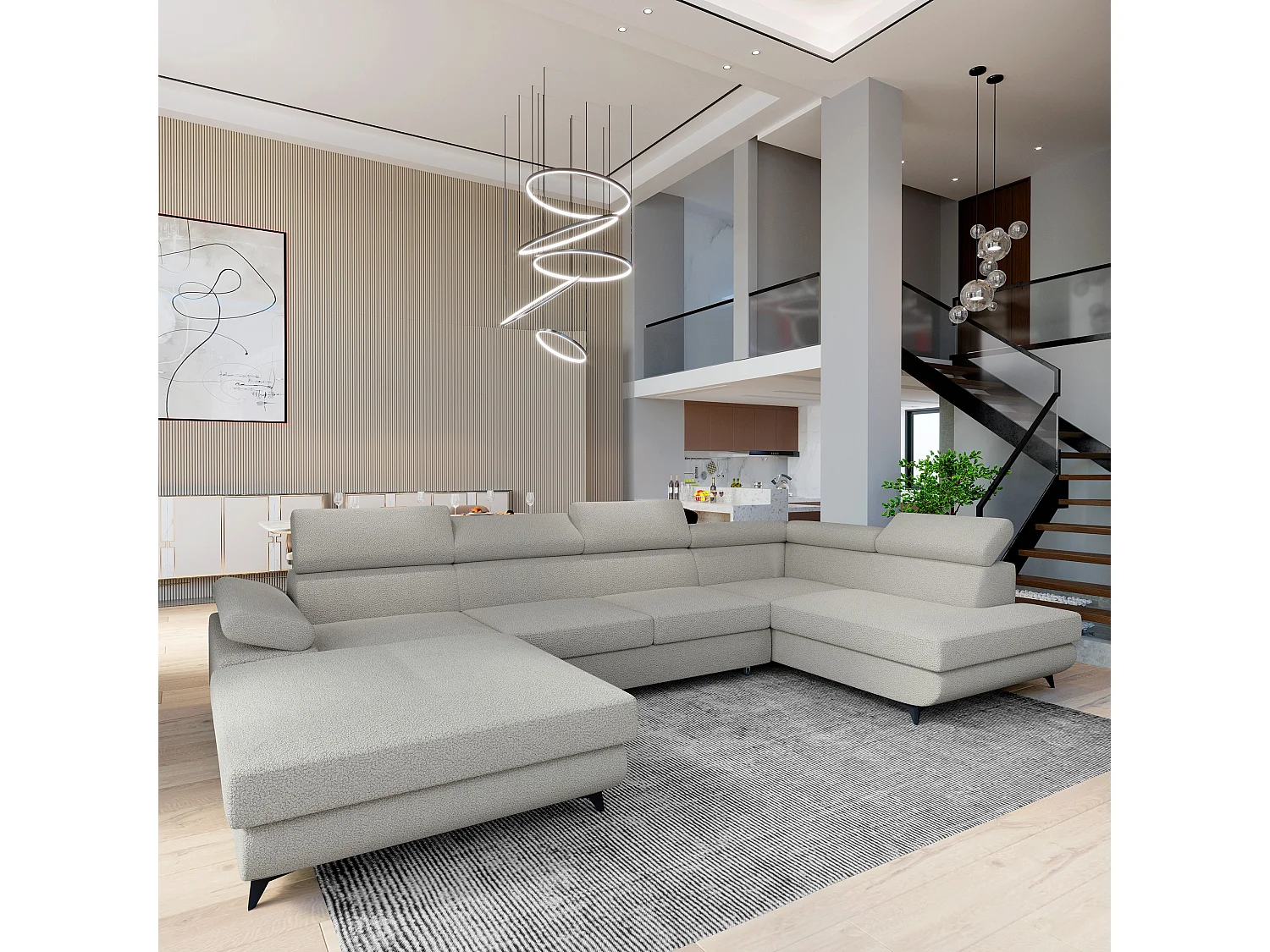 Canapé D'angle Rubano Gris Clair En Bouclé Avec Fonction De Couchage