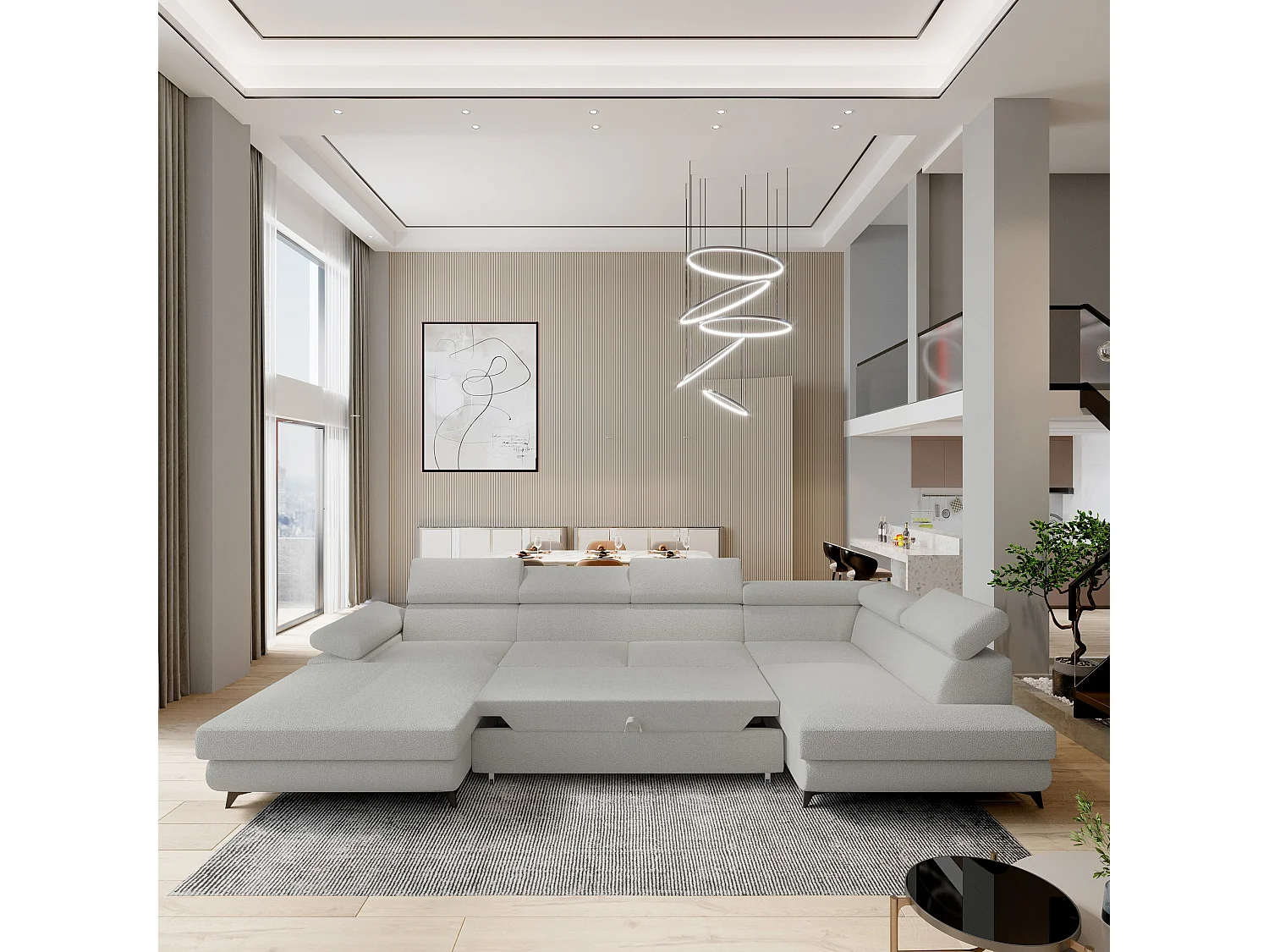 Canapé D'angle Rubano Gris Clair En Bouclé Avec Fonction De Couchage