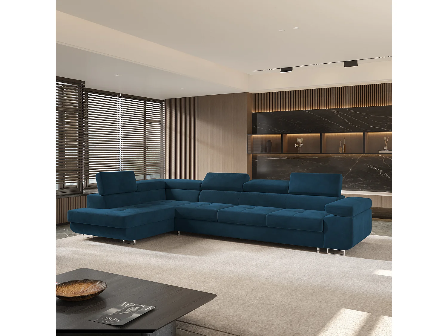Canapé d'angle VICENTE Bleu en velours avec fonction de couchage