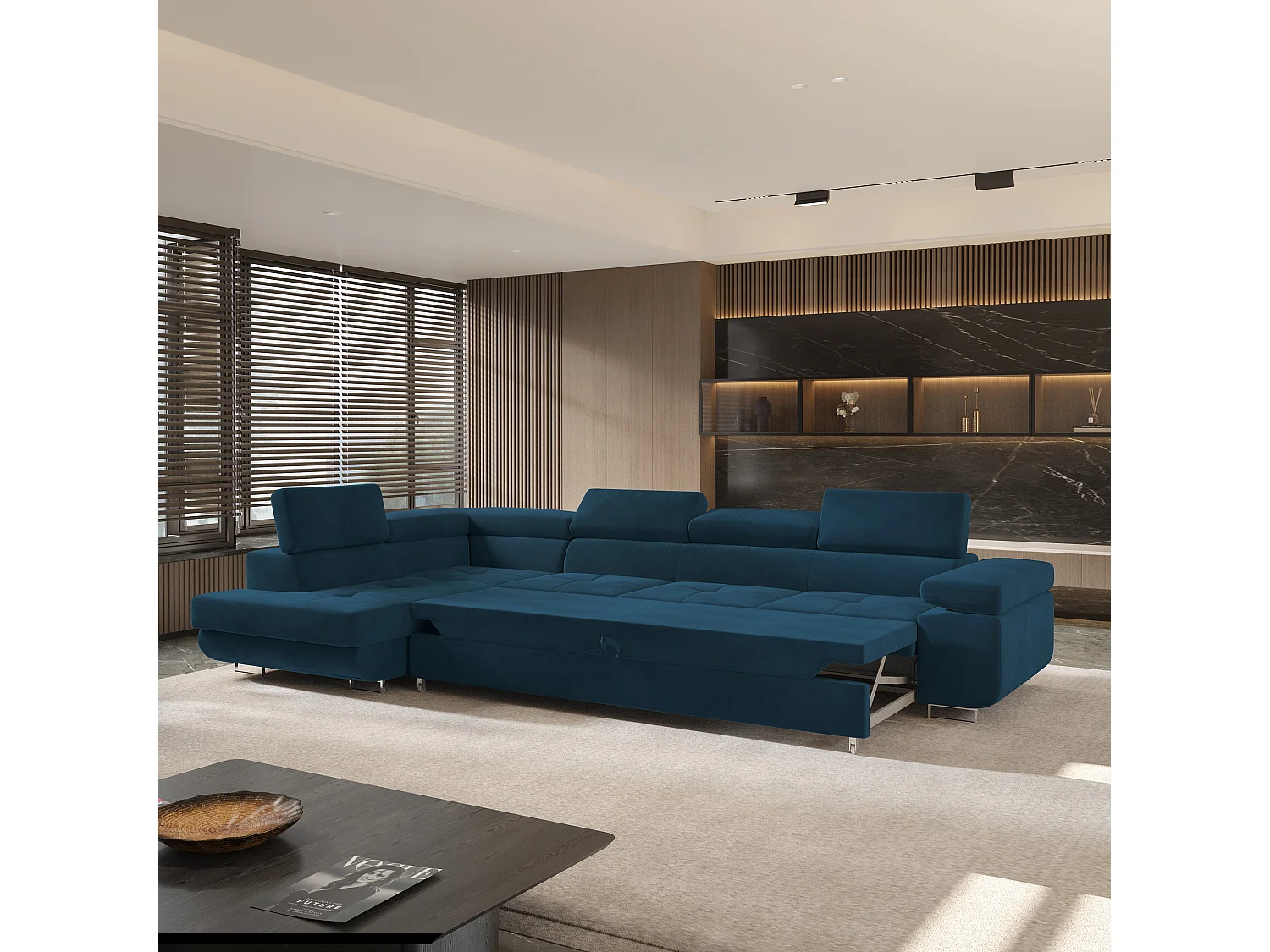 Canapé d'angle VICENTE Bleu en velours avec fonction de couchage