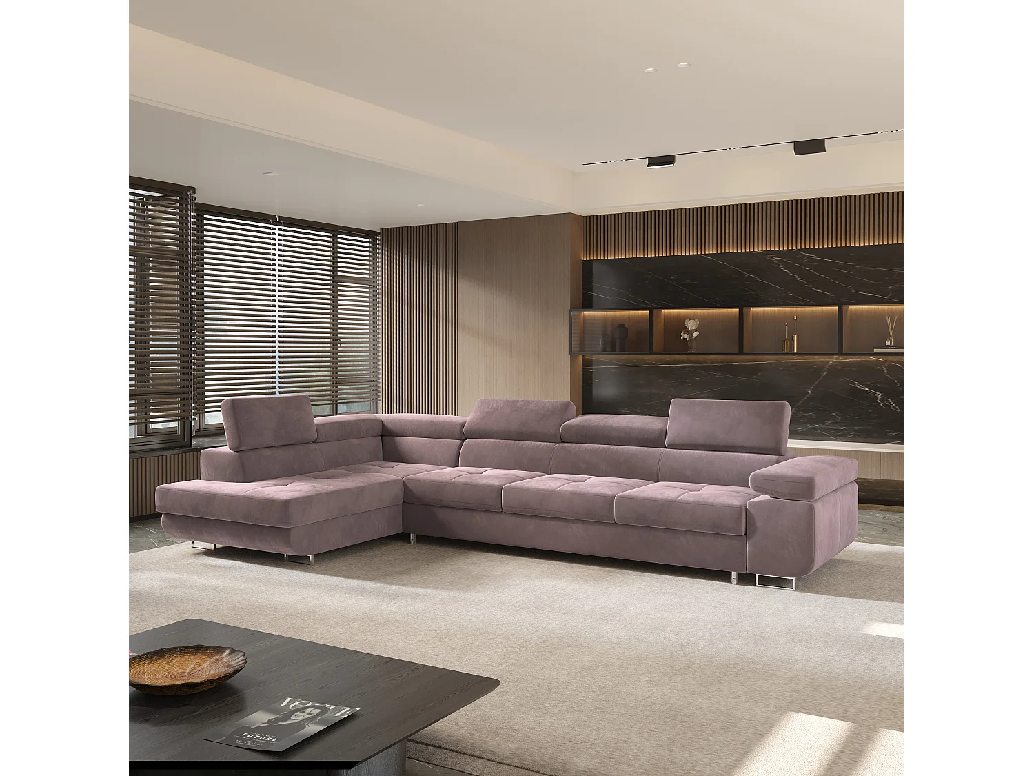 Canapé d'angle VICENTE Violet en velours avec fonction de couchage