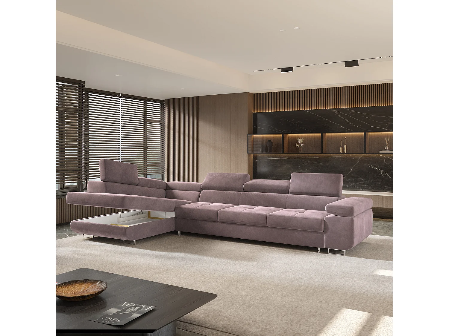 Canapé d'angle VICENTE Violet en velours avec fonction de couchage