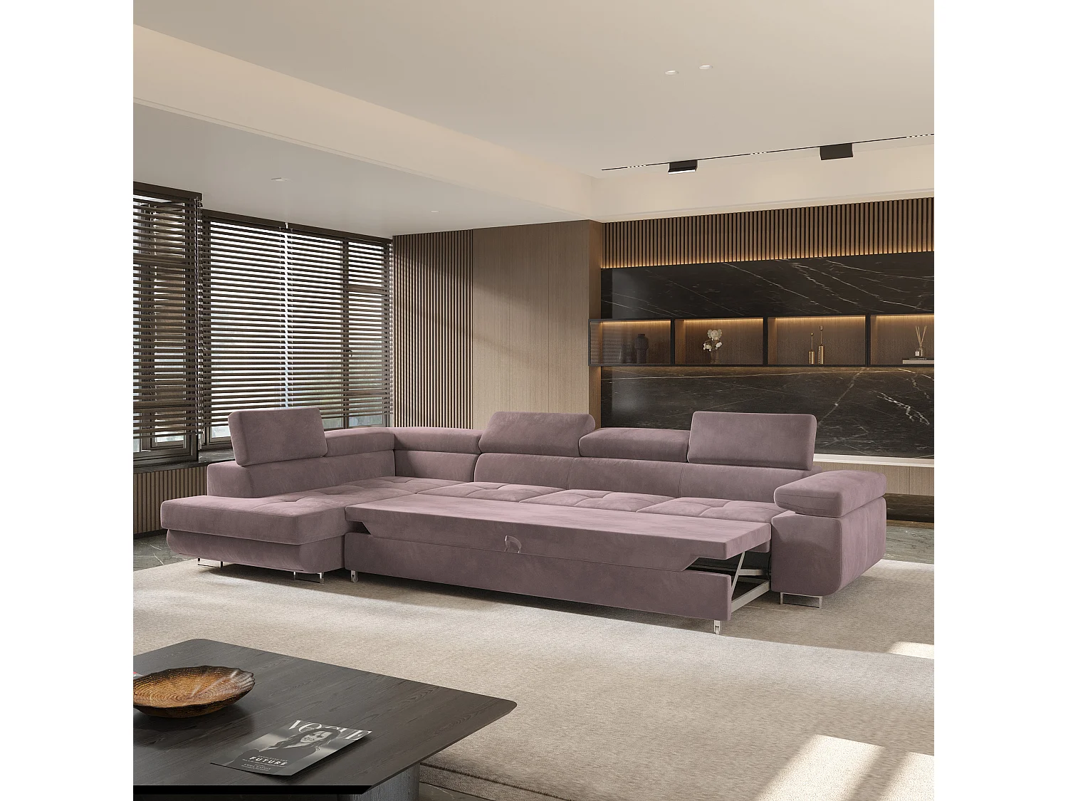 Canapé d'angle VICENTE Violet en velours avec fonction de couchage