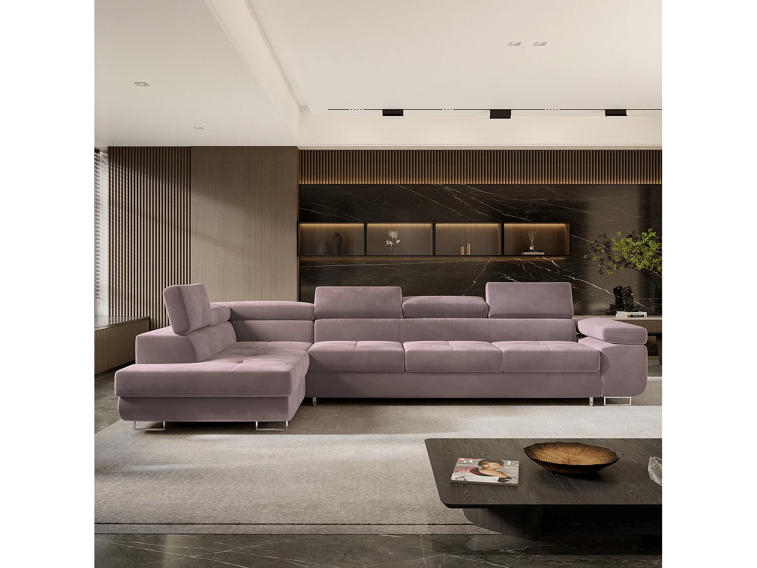 Canapé d'angle VICENTE Violet en velours avec fonction de couchage