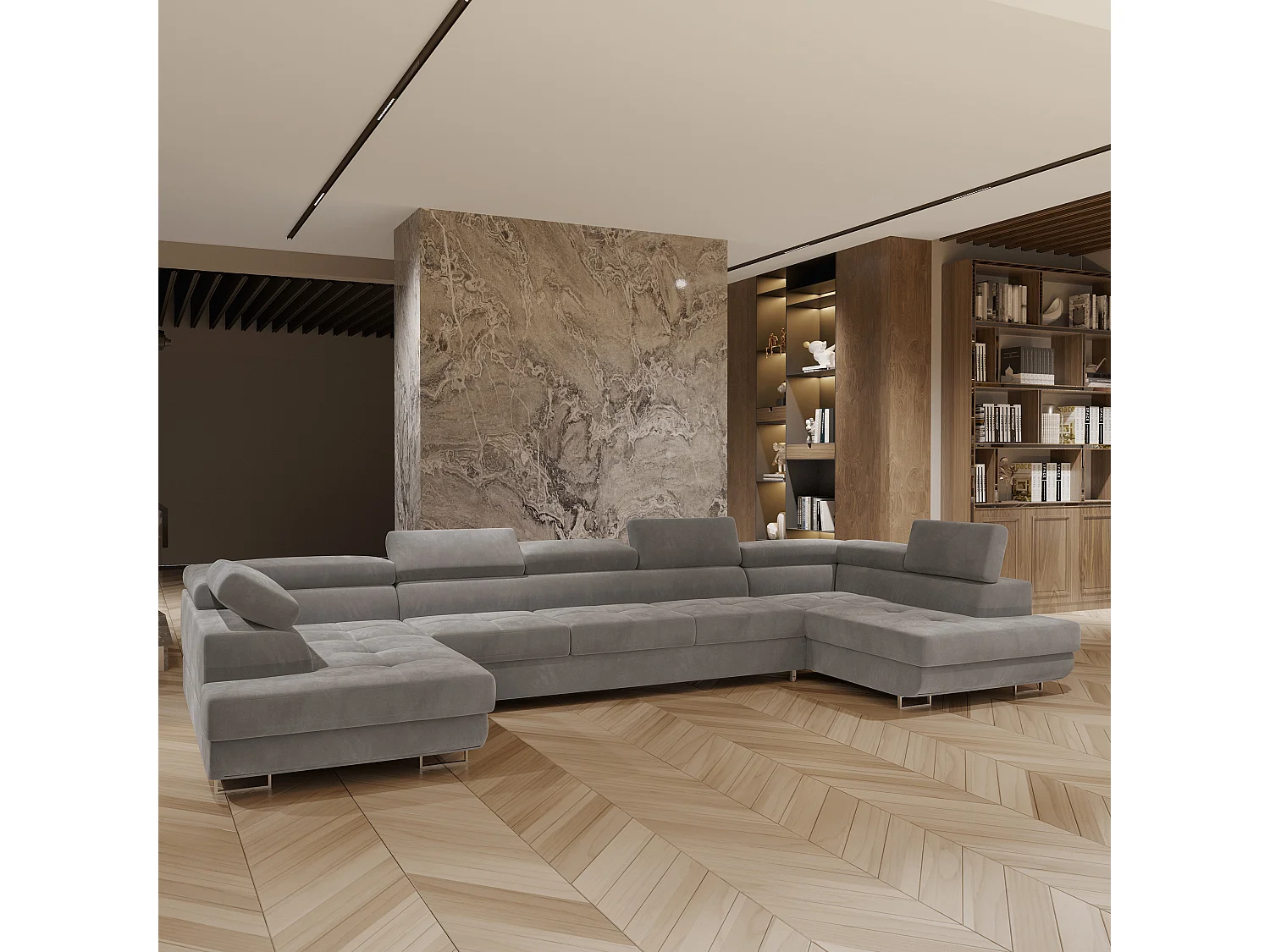 Canapé d'angle ISOLANO Gris en velours avec fonction de couchage