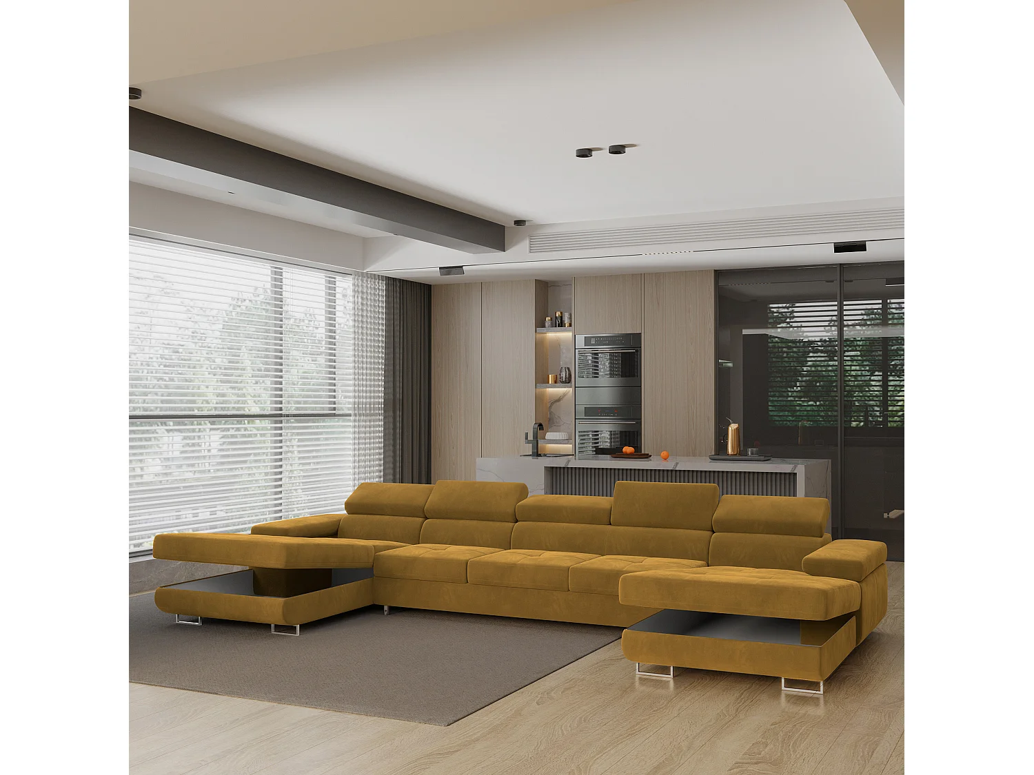 Canapé d'angle OMBRA Jaune en velours avec fonction de couchage