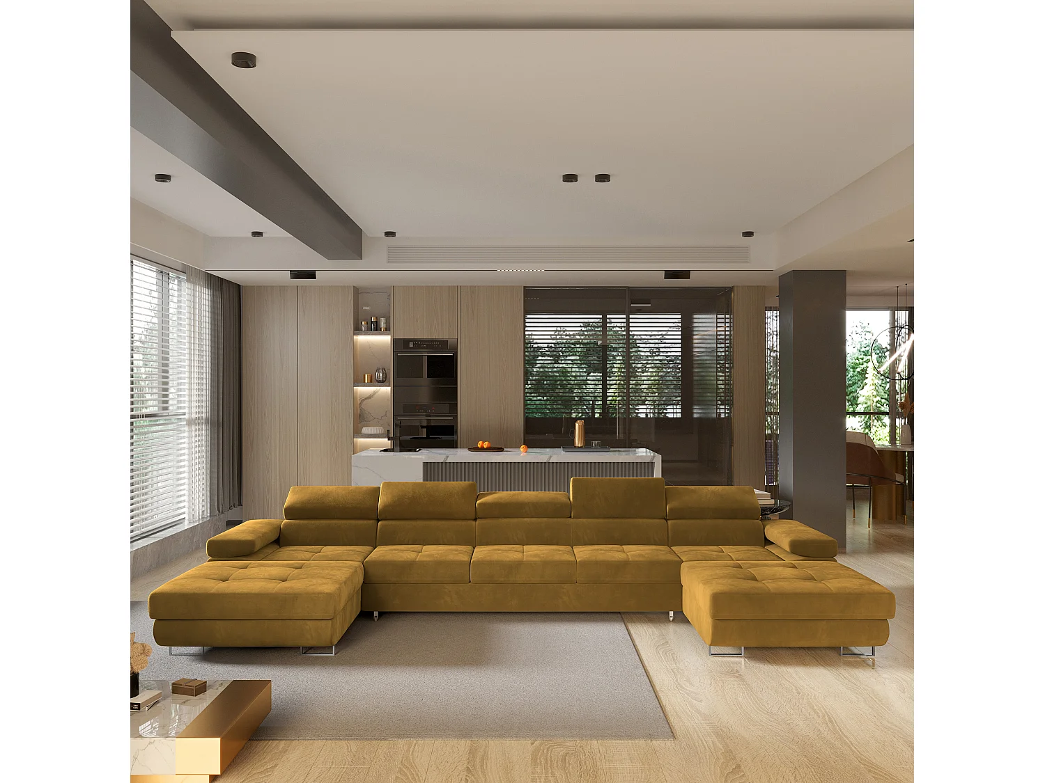 Canapé d'angle OMBRA Jaune en velours avec fonction de couchage