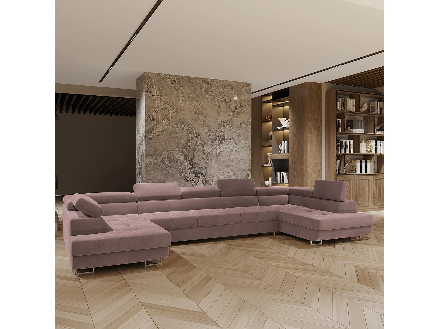 Canapé d'angle ISOLANO Violet en velours avec fonction de couchage