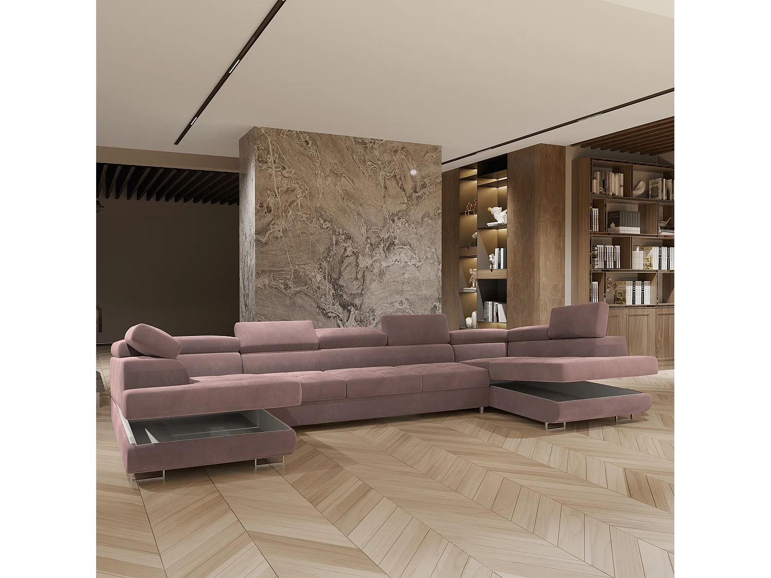 Canapé d'angle ISOLANO Violet en velours avec fonction de couchage