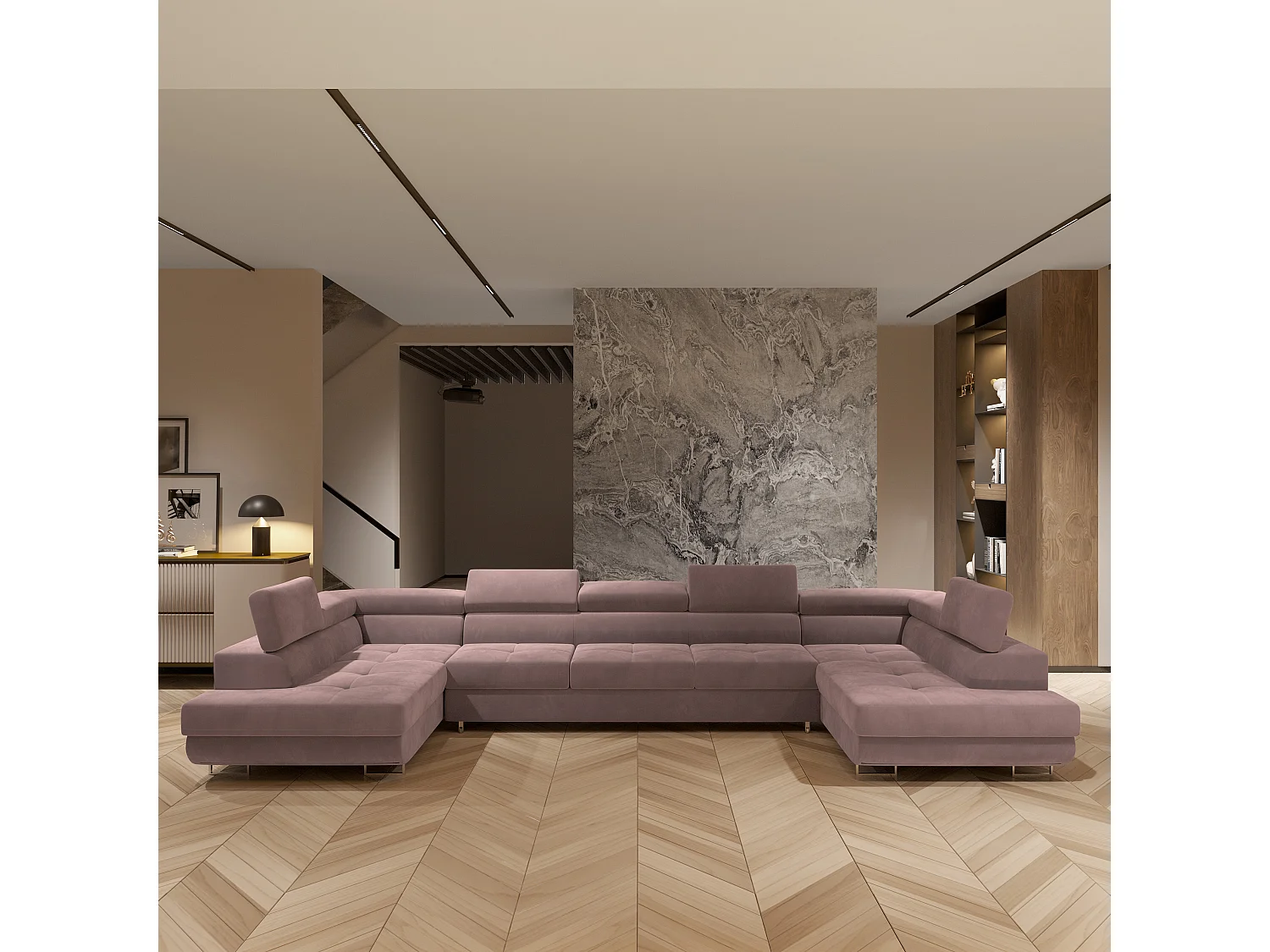 Canapé d'angle ISOLANO Violet en velours avec fonction de couchage