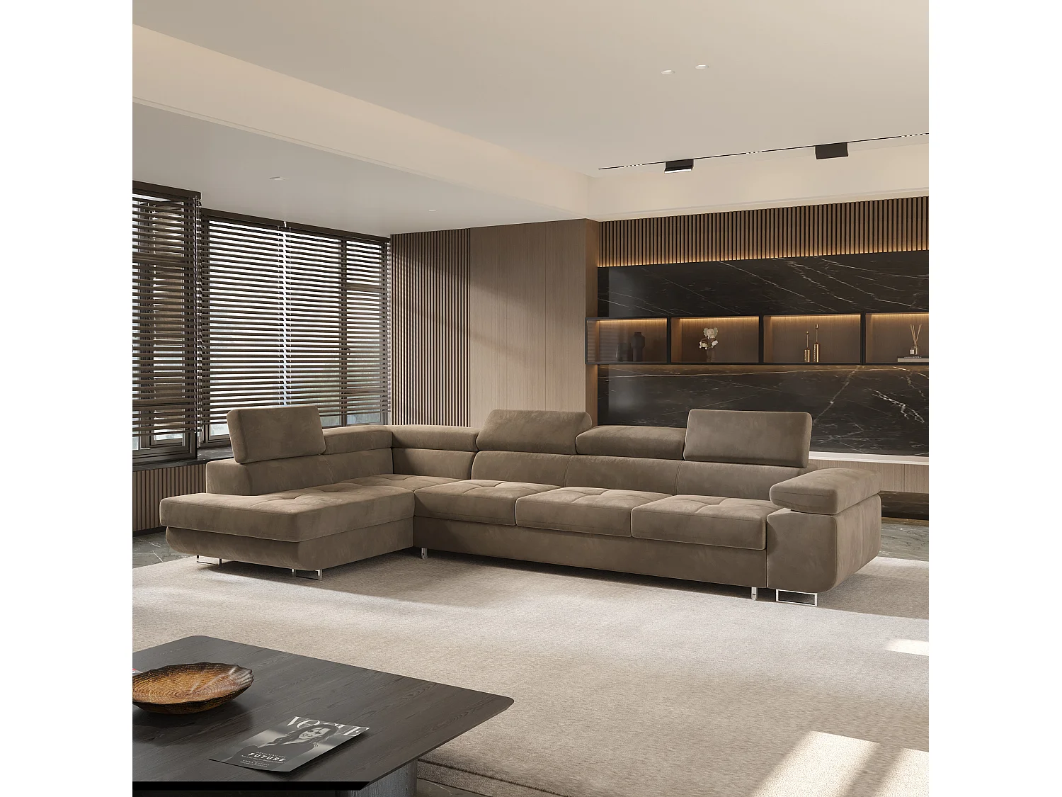 Canapé d'angle VICENTE Beige en velours avec fonction de couchage