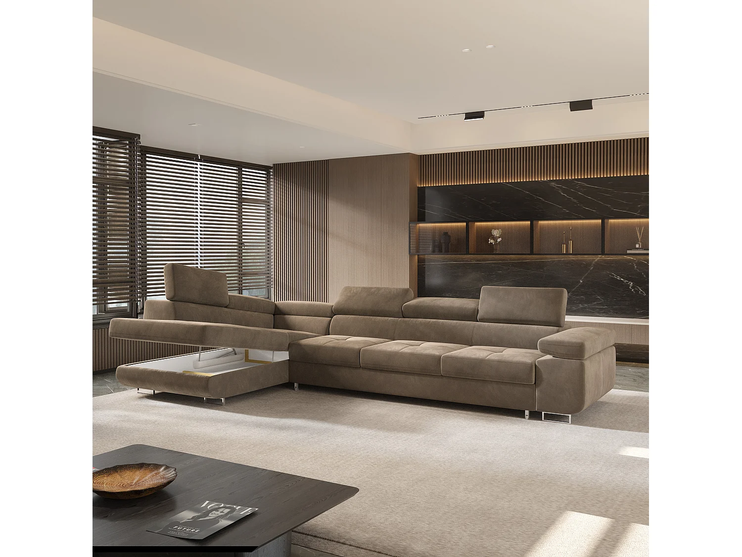 Canapé d'angle VICENTE Beige en velours avec fonction de couchage