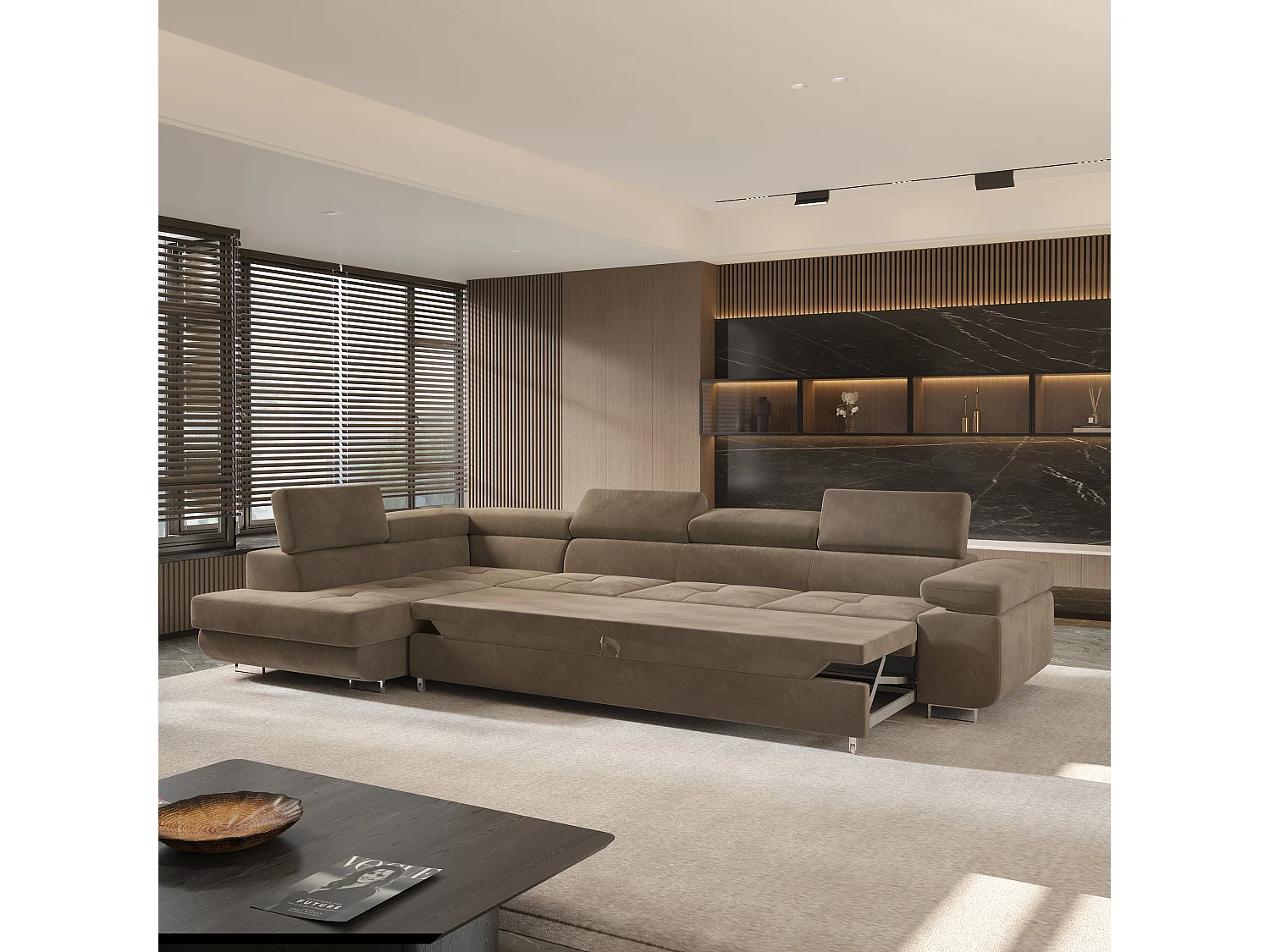 Canapé d'angle VICENTE Beige en velours avec fonction de couchage