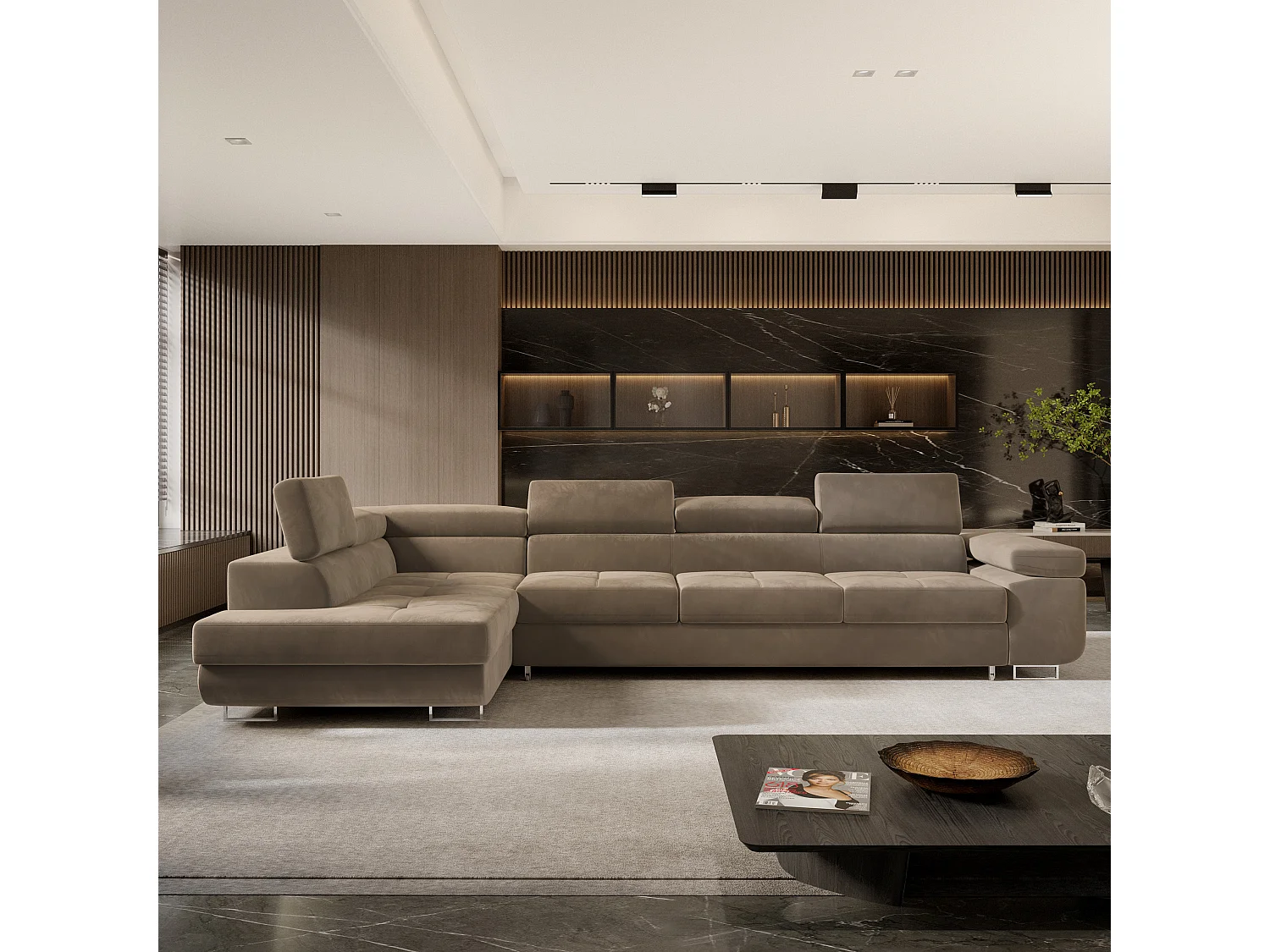 Canapé d'angle VICENTE Beige en velours avec fonction de couchage