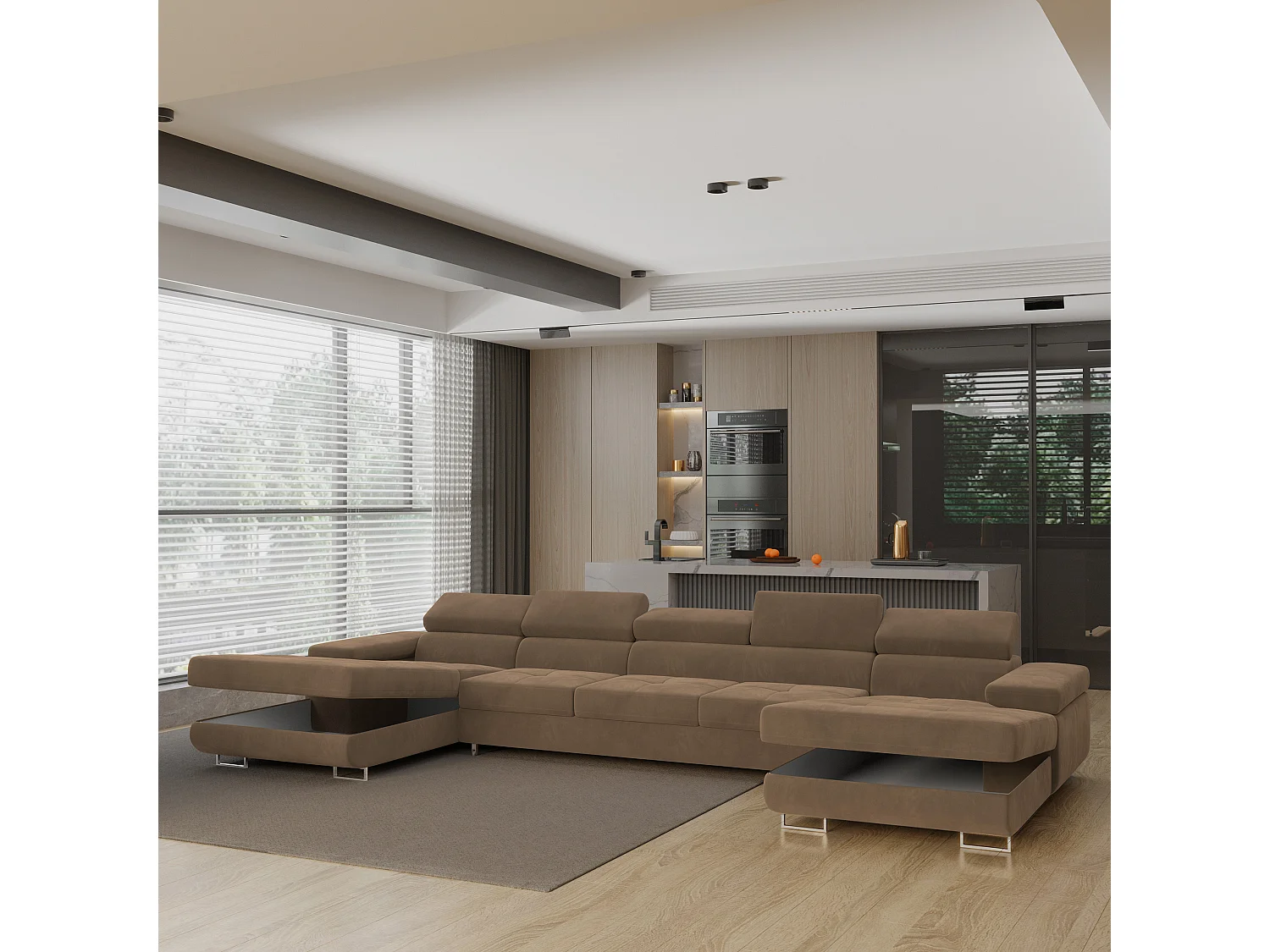 Canapé d'angle OMBRA Beige en velours avec fonction de couchage