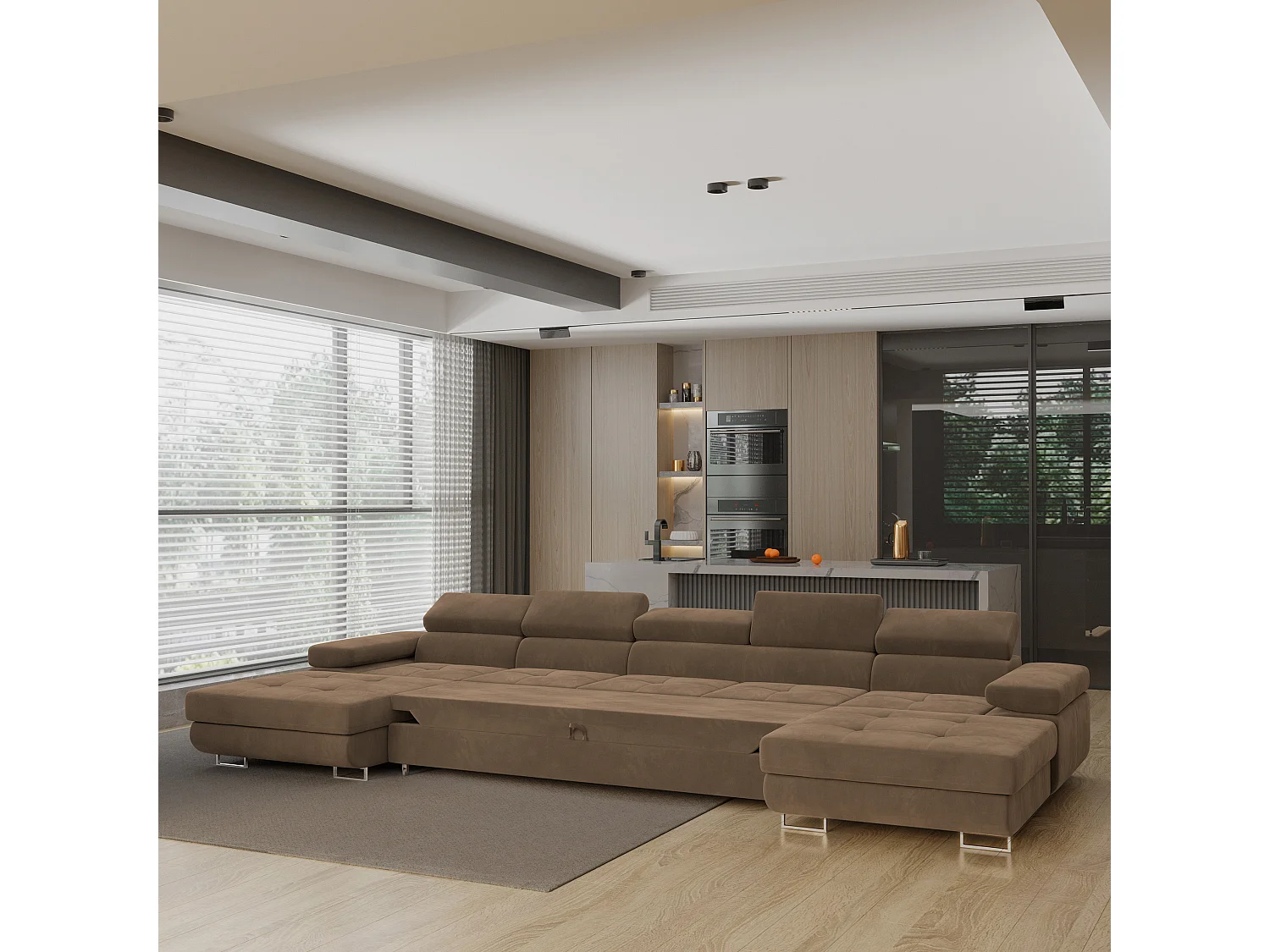 Canapé d'angle OMBRA Beige en velours avec fonction de couchage