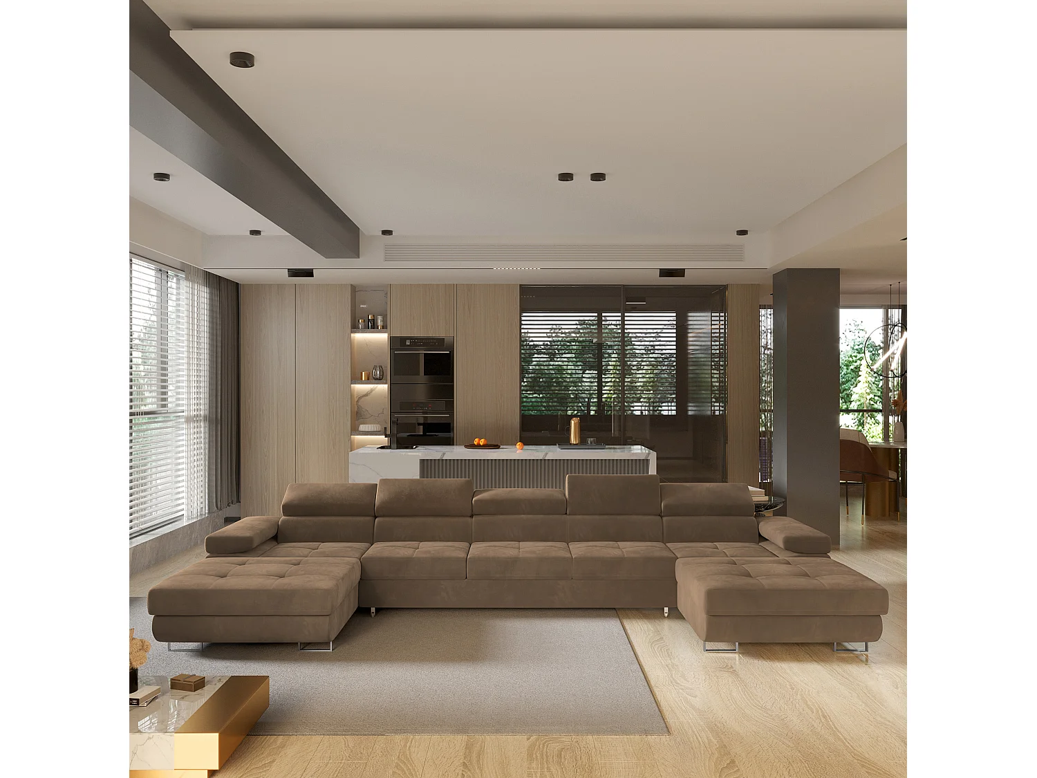 Canapé d'angle OMBRA Beige en velours avec fonction de couchage