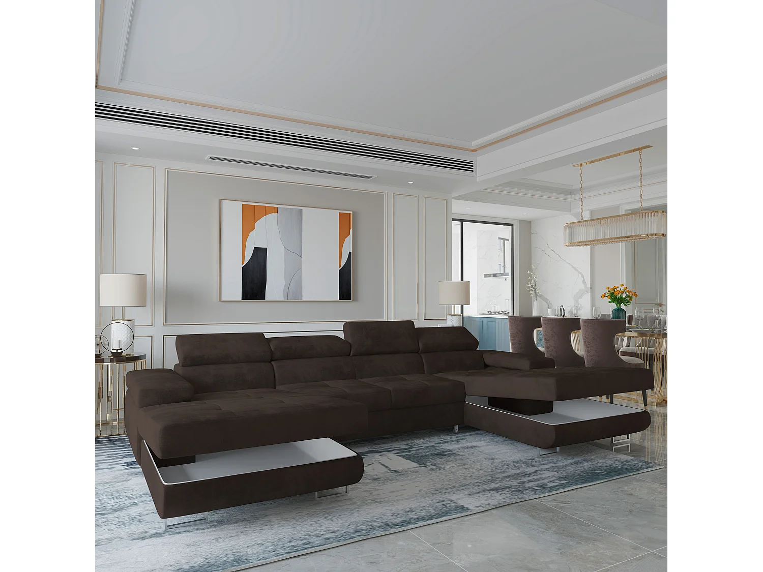 Canapé d'angle LYKKE Marron en velours avec fonction de couchage