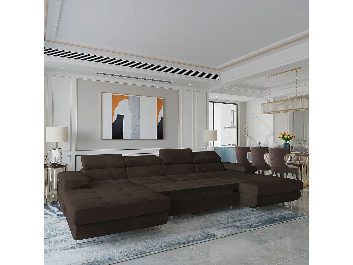 Canapé d'angle LYKKE Marron en velours avec fonction de couchage