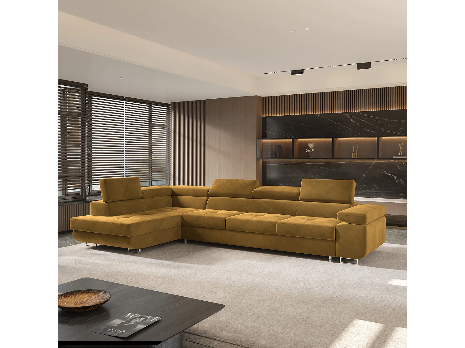 Canapé d'angle VICENTE Jaune en velours avec fonction de couchage