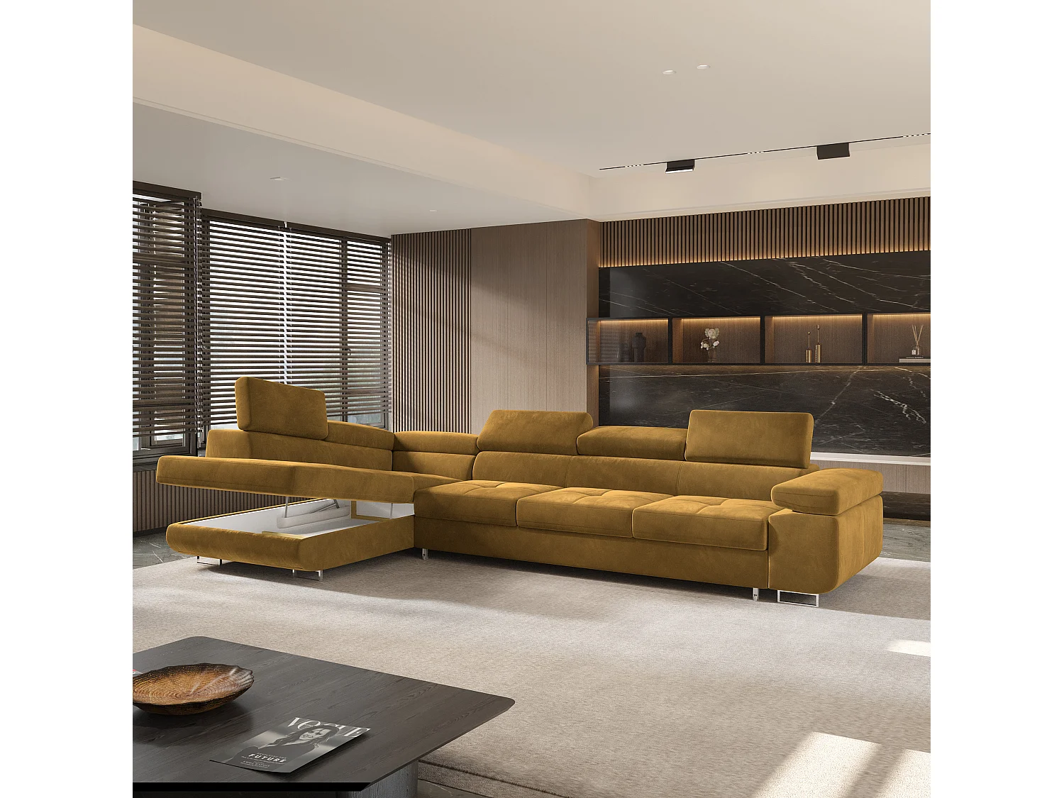 Canapé d'angle VICENTE Jaune en velours avec fonction de couchage