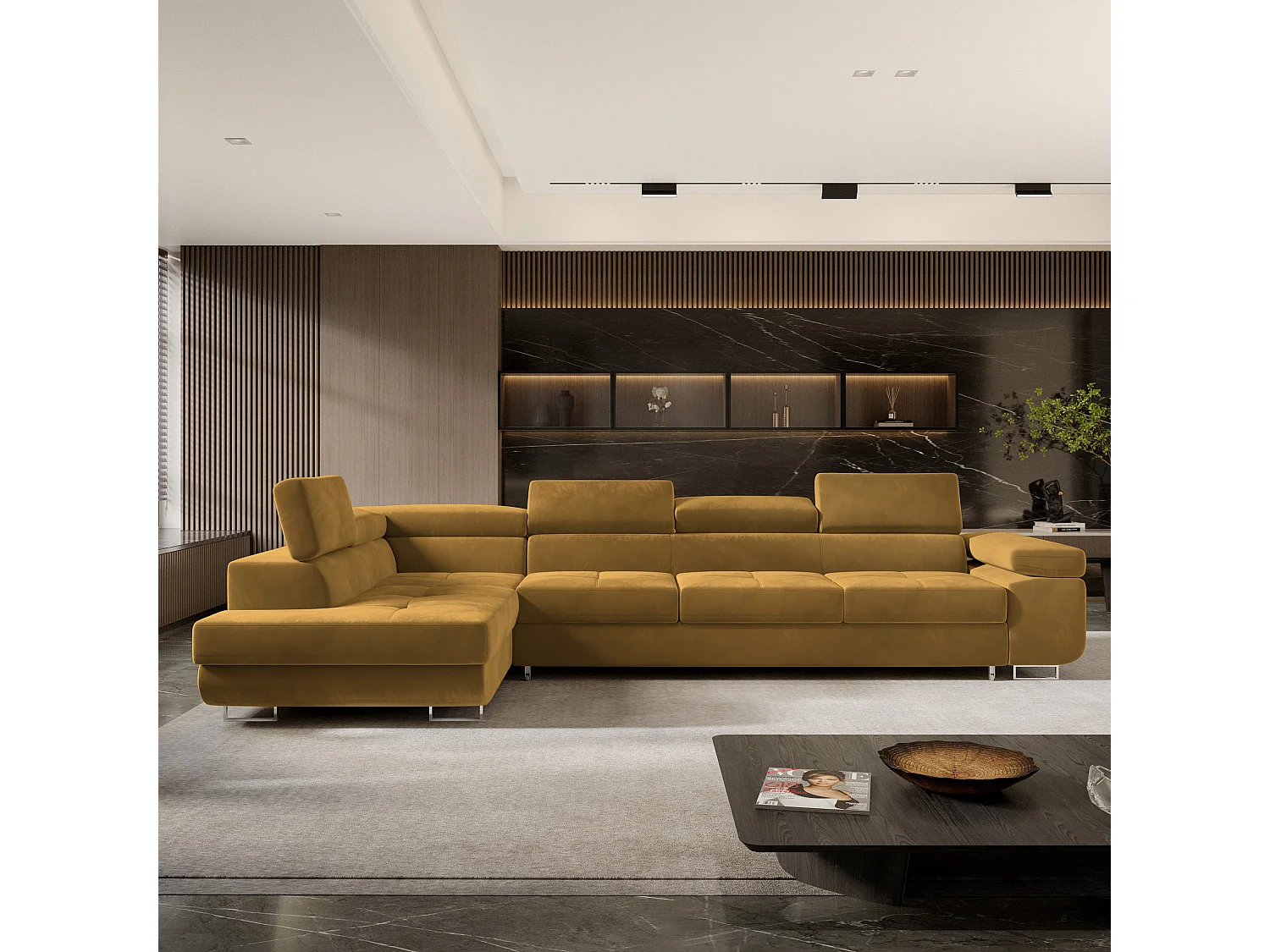 Canapé d'angle VICENTE Jaune en velours avec fonction de couchage
