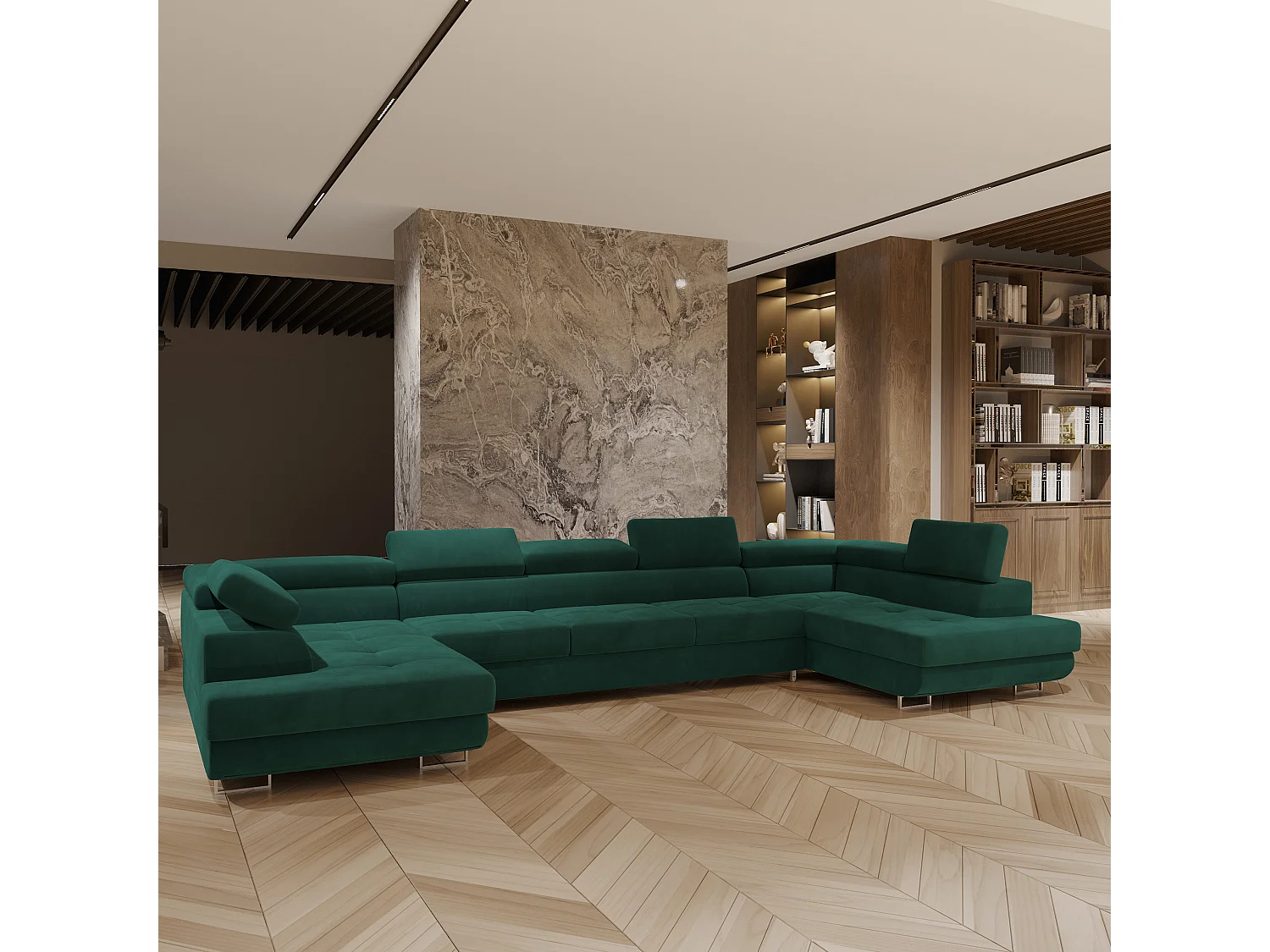 Canapé d'angle ISOLANO Vert en velours avec fonction de couchage