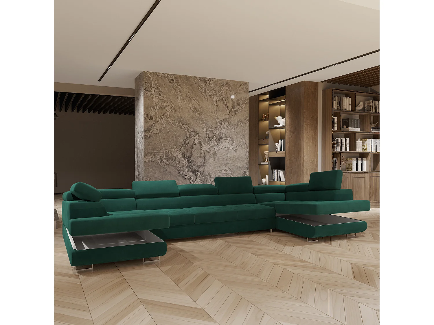 Canapé d'angle ISOLANO Vert en velours avec fonction de couchage