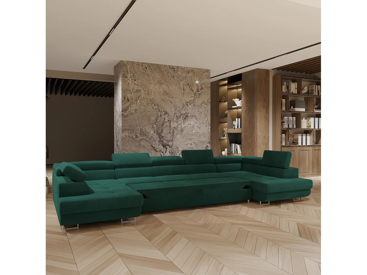 Canapé d'angle ISOLANO Vert en velours avec fonction de couchage