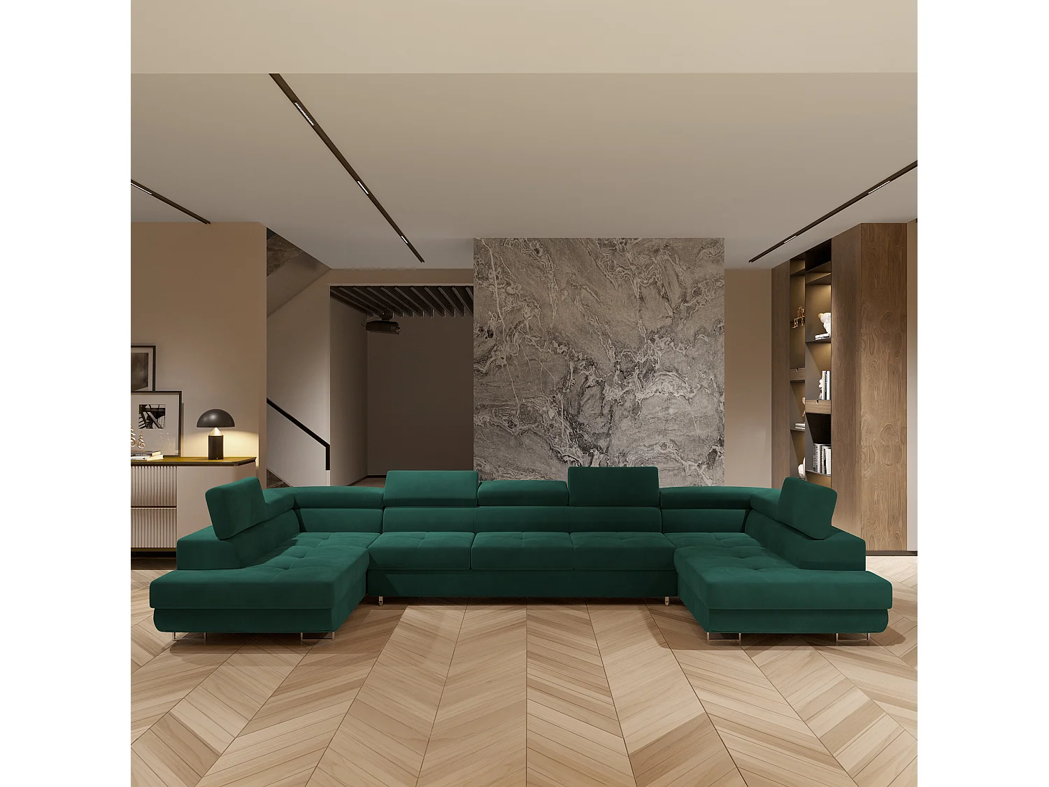 Canapé d'angle ISOLANO Vert en velours avec fonction de couchage